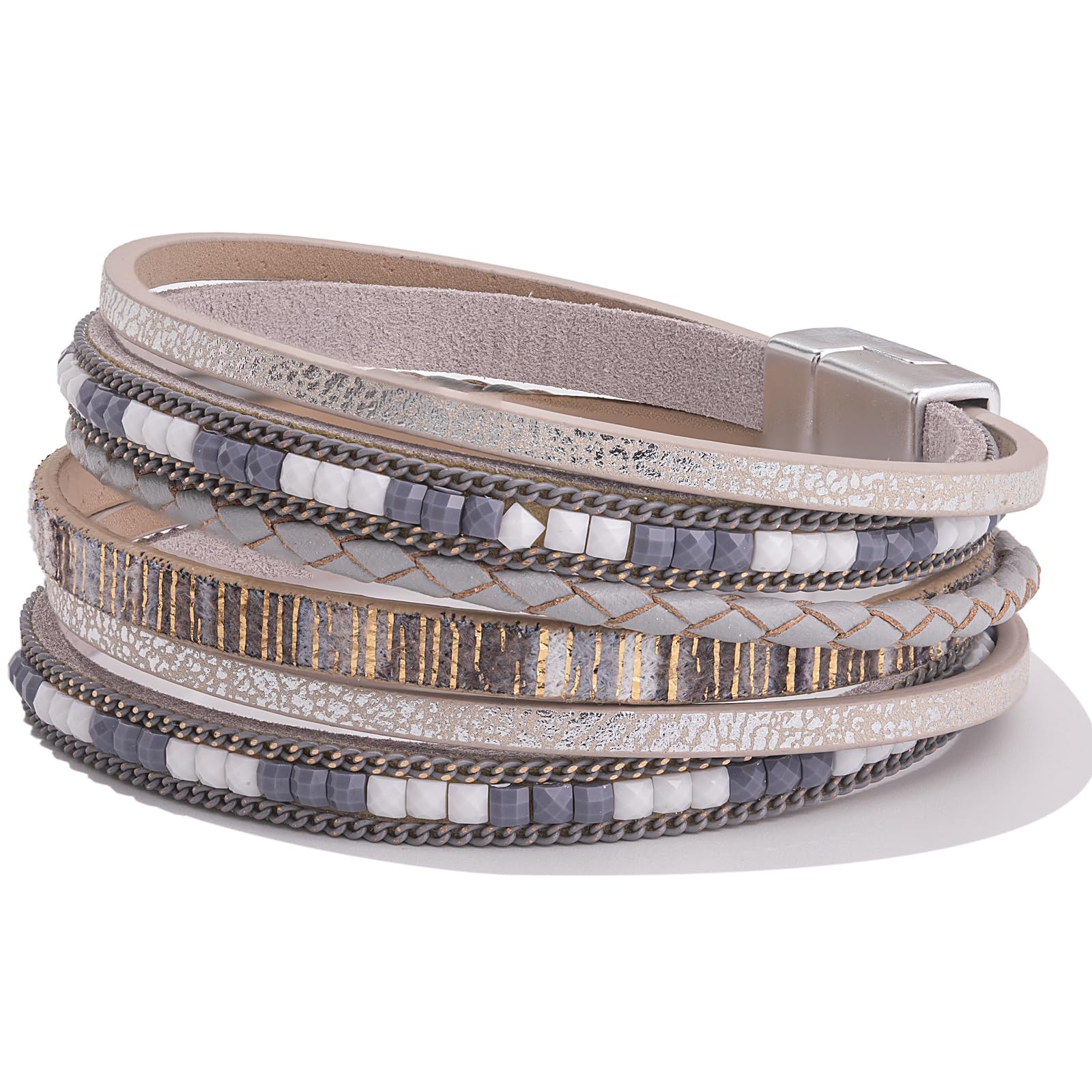 Boho Leather Wrap Bracelets for Women - Trendy Layered Magnetic Clasp Bracelet Set, Adjustable Bohemian Jewelry Gift (Perfect for Festival, Beach & Everyday Wear)