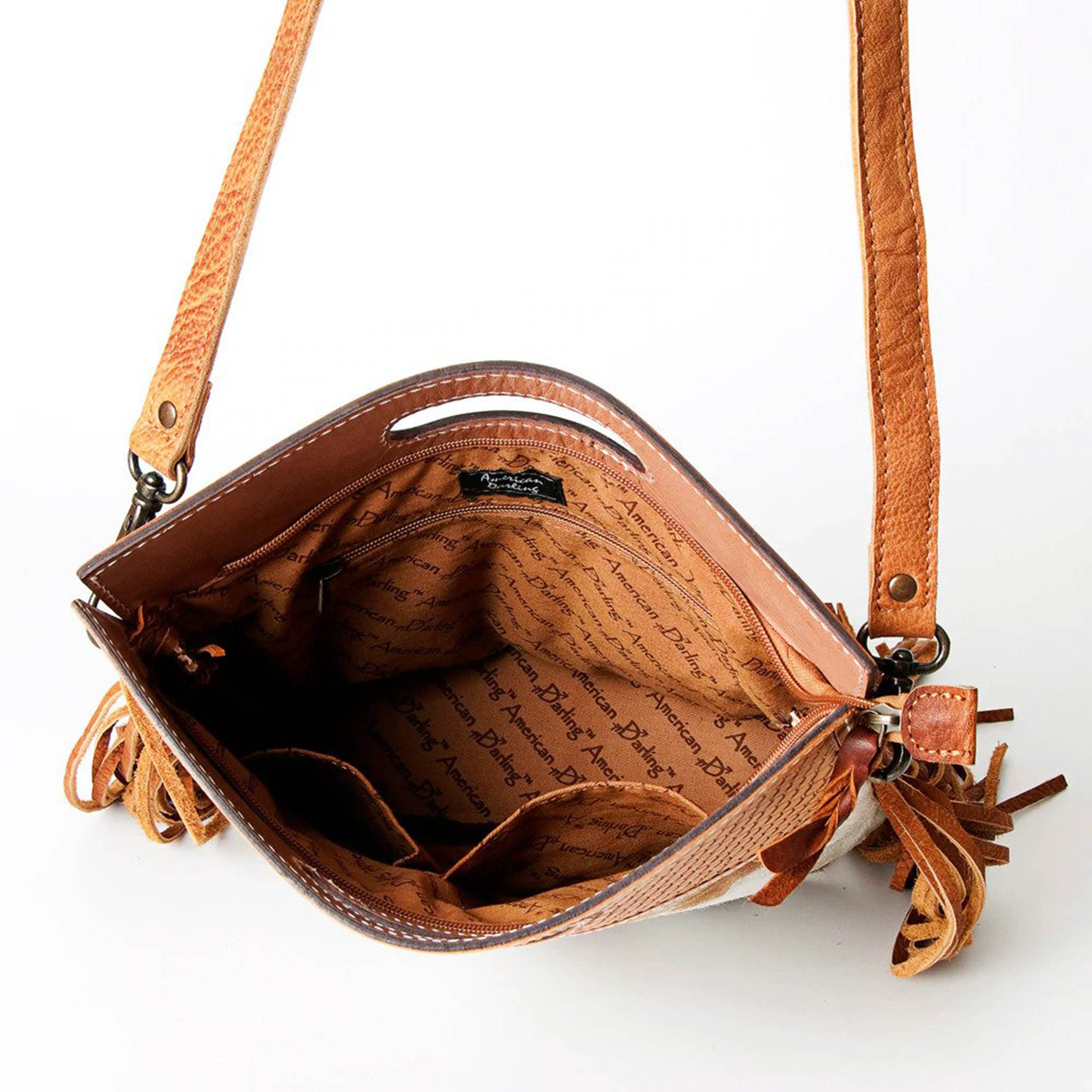 American Darling Brown & White Fringe Leather Purse - Handcrafted Hide Tooled Crossbody Bag for Women | Perfect for Casual Outings, Parties & Western Fashion