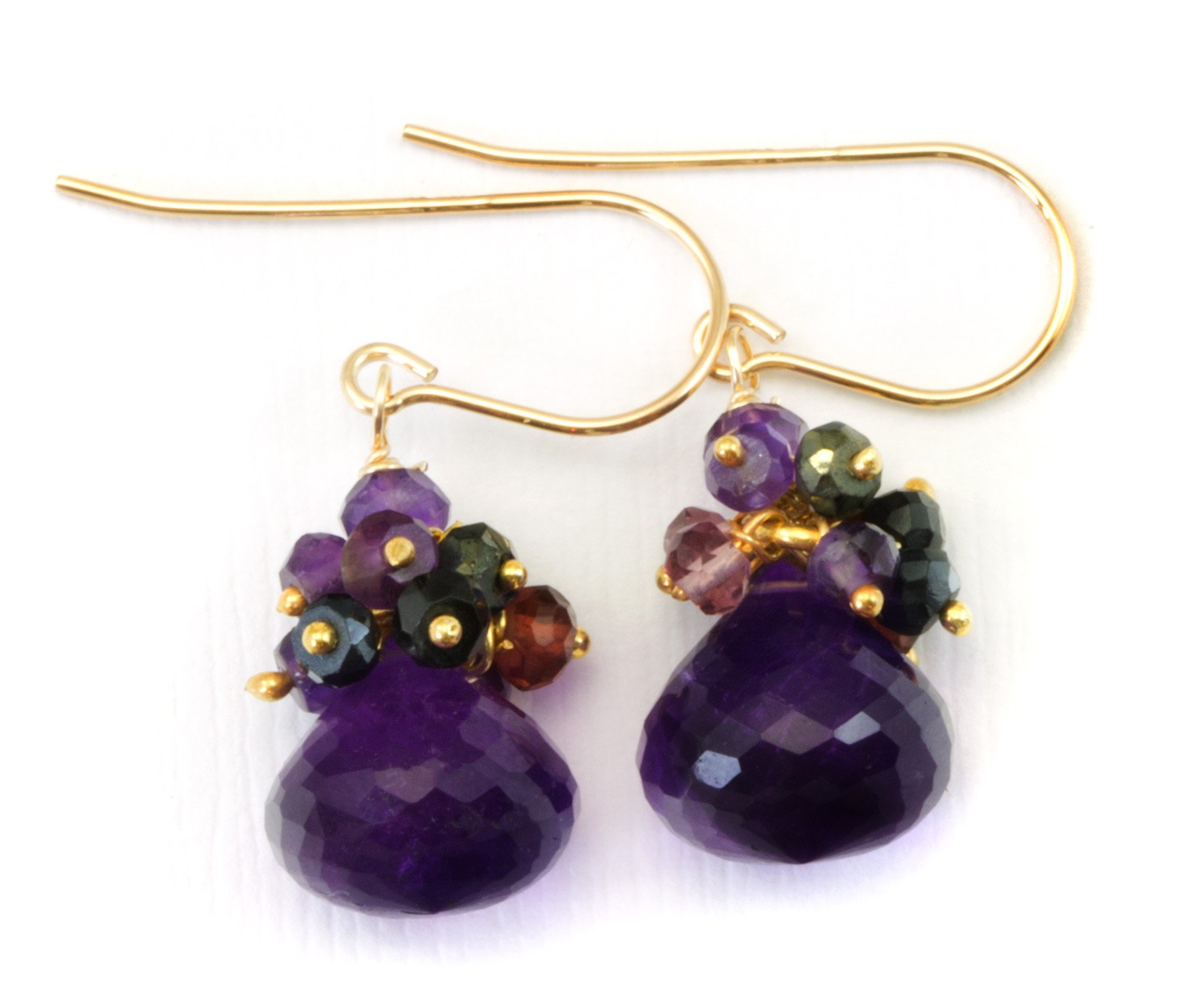 Purple Amethyst Earrings with Garnet & Spinel Cluster - Goldtone Beaded Dangle Drop Earrings for Women | Perfect for Weddings, Parties & Special Occasions