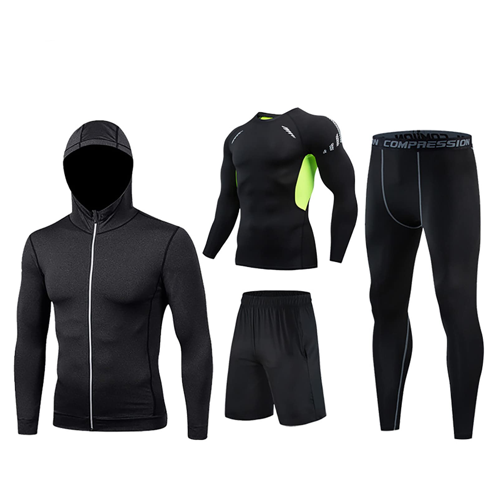 Men's Gym Fitness Clothing Set - 4PC Compression Workout Outfit with Hooded Jacket & Quick-Dry Thermal Underwear for Running, Training & Cold Weather Sports