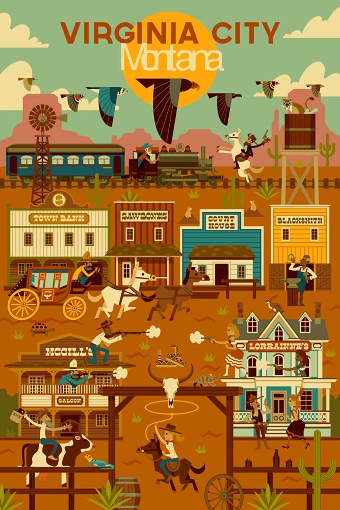 Virginia City Montana Western Town Geometric 112617 - 24x36 Signed Art Print, Wall Decor Poster for Living Room, Office & Western Theme Decor