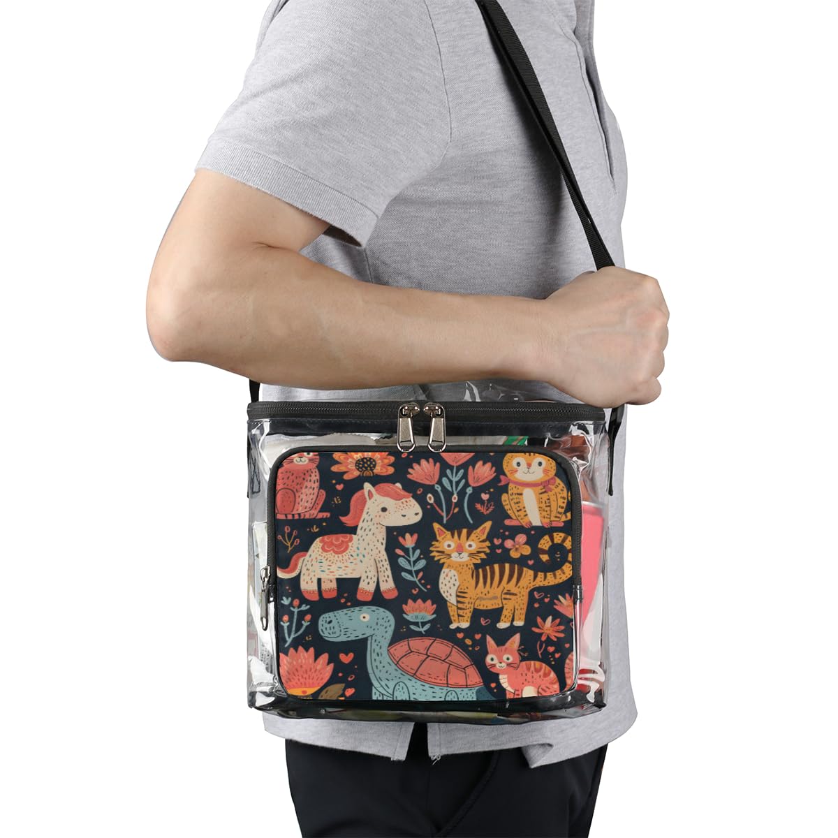 GzLeyigou Clear Tote Bag with Handles - Turtle & Cat Design Transparent Crossbody Shoulder Bag for Lunch, Outdoor, Travel, Picnic, Concerts & Sports Events | Stadium Approved | Perfect for Beach, Shopping & School Use