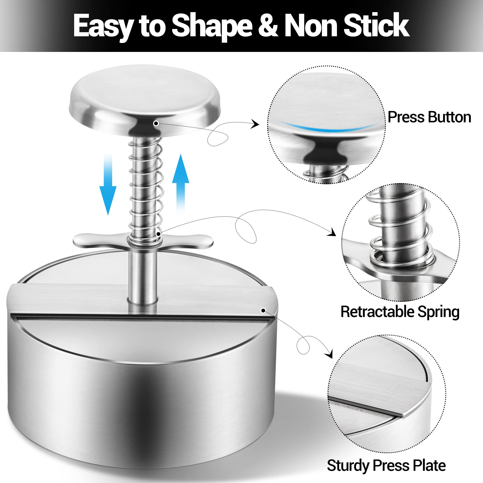 304 Stainless Steel Adjustable Burger Press Maker - Non-Stick Patty Shaper for Beef, Veggie & BBQ Burgers (4.52 Inch) - Perfect for Home Cooking, Backyard Grilling & Restaurant Use