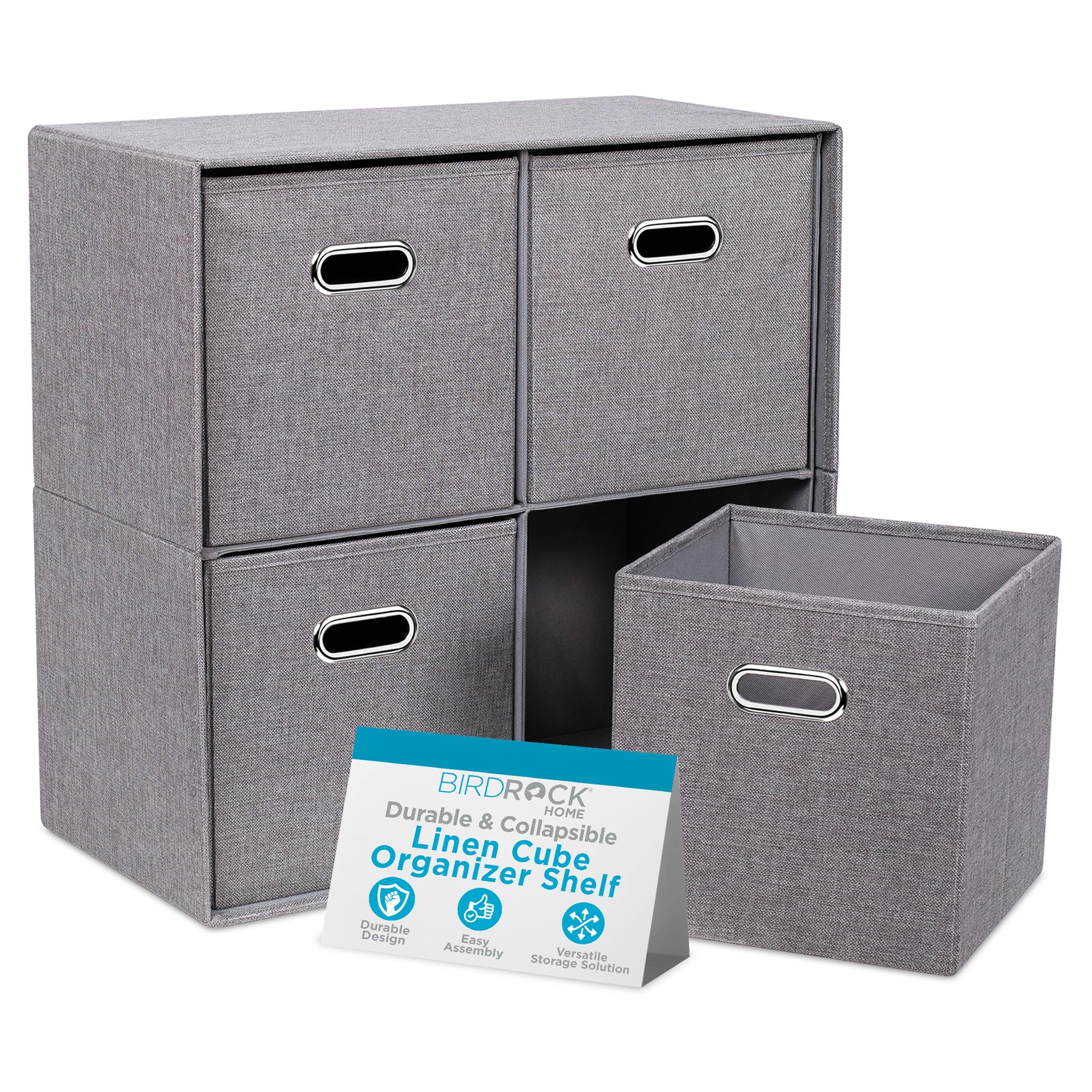 BIRDROCK HOME 4-Bin Linen Cube Organizer Shelf - Durable Collapsible Storage Unit for Bedroom, Closet, Dorm | Space-Saving Shelving for Toys, Clothes, Towels | Grey Home Organization Solution (Perfect for Small Spaces & Kids' Rooms)