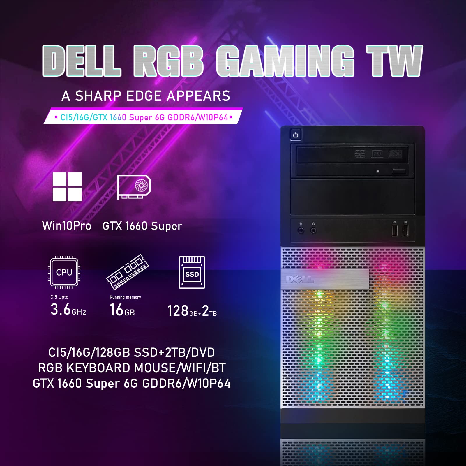 Renewed Dell RGB Gaming PC - Intel i5, GTX 1660 Super, 16GB RAM for Esports & Streaming