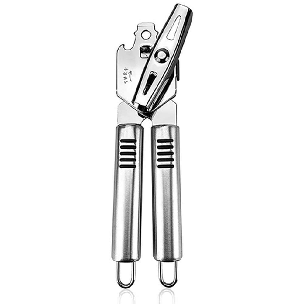 Premium Stainless Steel Manual Can Opener with Bottle Opener - Food Safe, Non-Slip Grip, Smooth Edge & Sharp Blade - Ideal for Kitchen, Camping, Picnics & Emergency Preparedness (Silver)