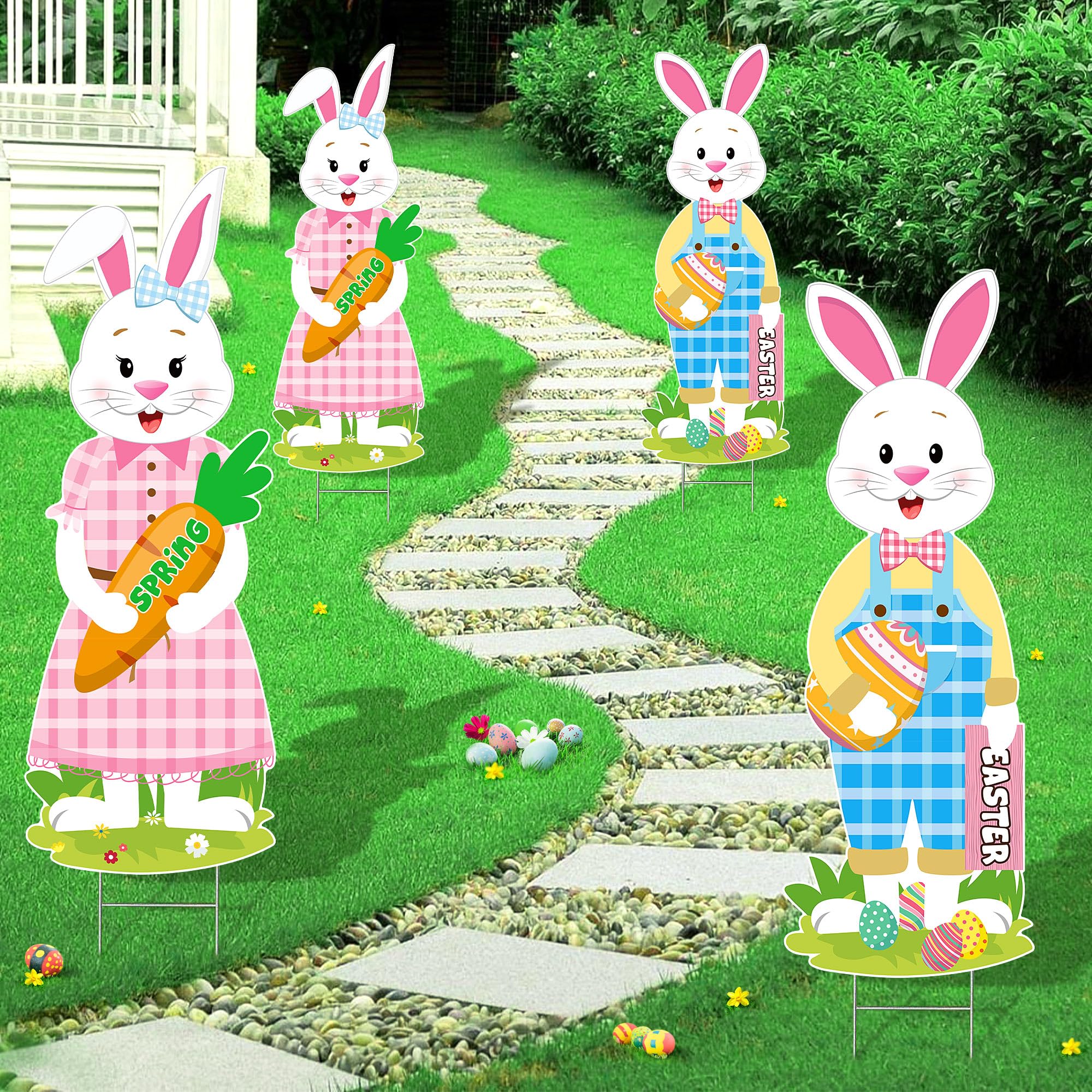 Meonum 2 Pack Large 36'' Easter Bunny Yard Signs with Stakes - Waterproof Funny Photo Props for Easter Egg Hunt, Spring Holiday, Lawn & Garden Decor - Perfect for Outdoor Easter Party Decorations and Backyard Photo Booth Scenes