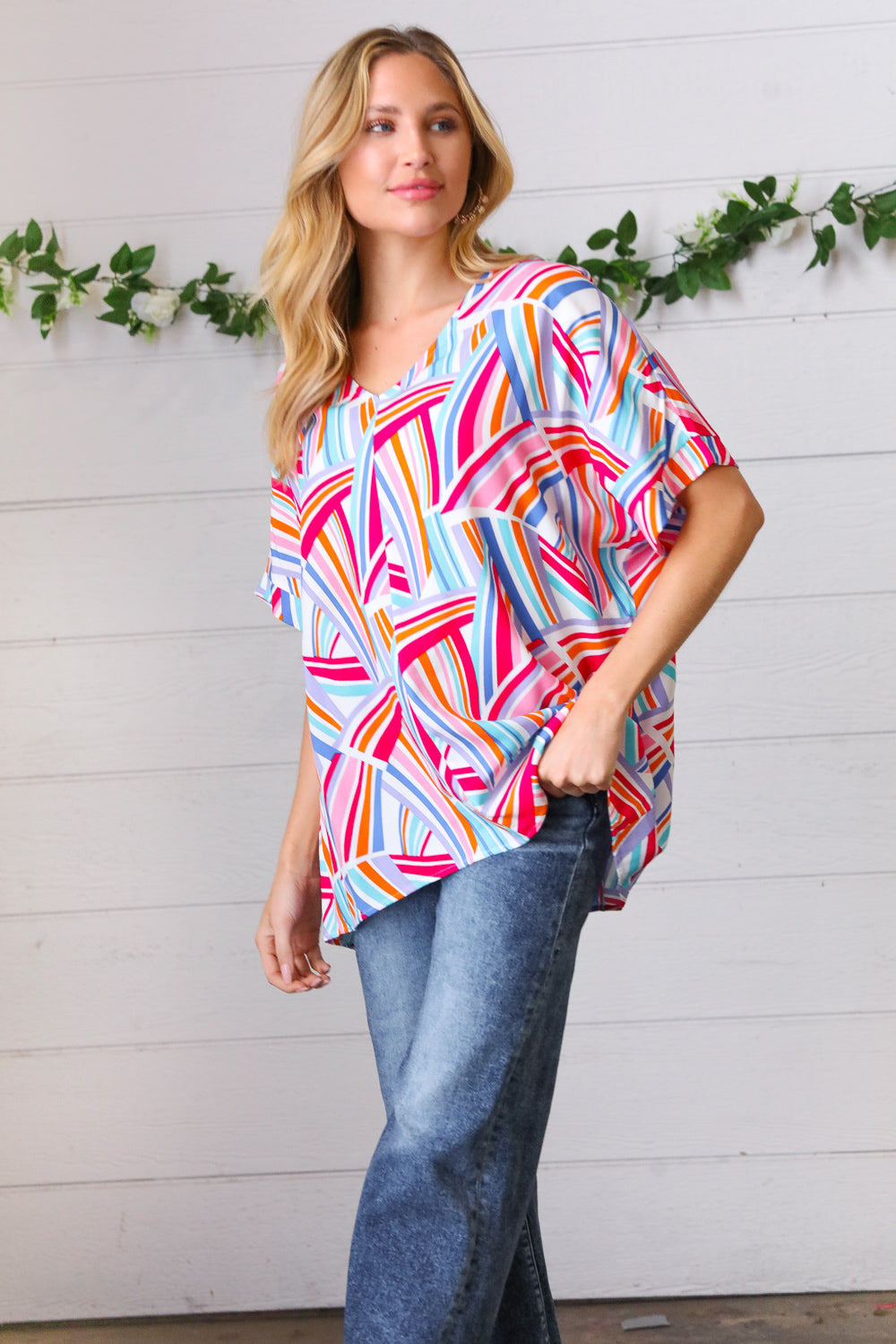 Stylish Blue & Fuchsia Geometric Print Woven Top for Women | Trendy Casual Blouse for Summer Outfits, Office Wear & Date Nights