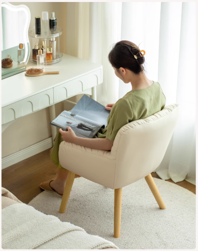 Organic Leather Dressing Stool - Adjustable Cream Makeup Vanity Chair for Salon, Bedroom & Bridal Makeup | Portable Cosmetic Stool with Wheels