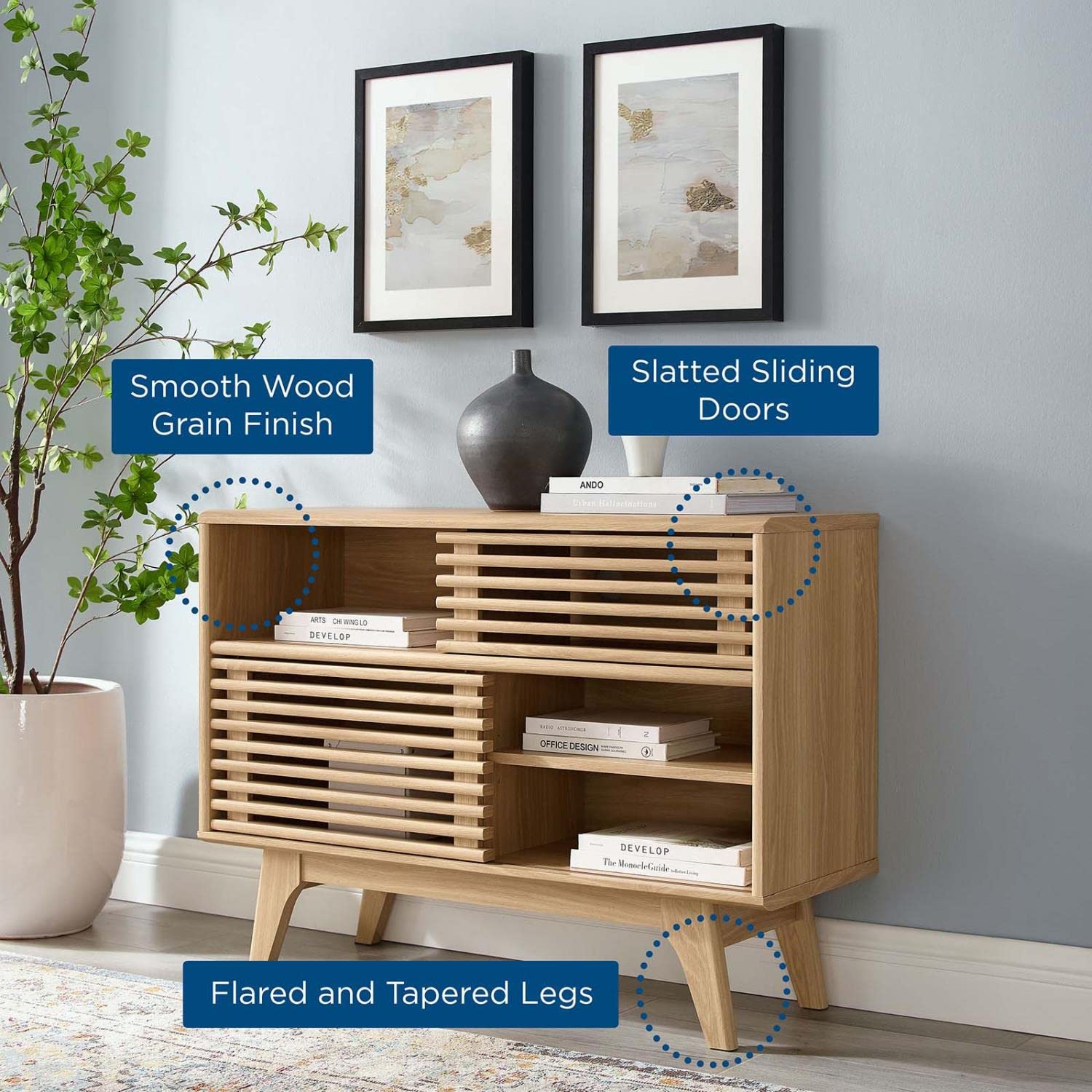 Modway Render Mid-Century Modern Two-Tier Oak Display Stand - Perfect for Living Room Shelving, Bedroom Decor & Office Organization