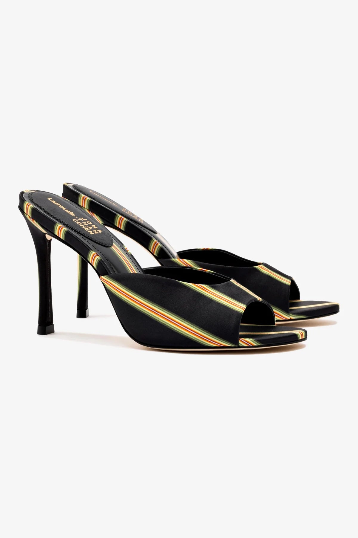 Larroudé x Jonathan Cohen Black Striped Satin Mules - Elegant Women's Slip-On Shoes for Parties, Weddings & Special Occasions