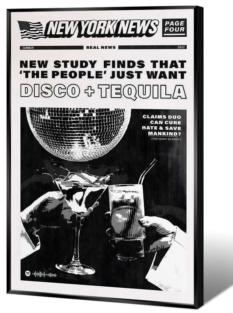 Oulores Black and White Disco Tequila Canvas Wall Art - 24x36in Framed Poster for Room Aesthetic, Bar Decor & Party Wall Art - Trendy Preppy Wall Decor for Living Room, Bedroom, Office & Dorm