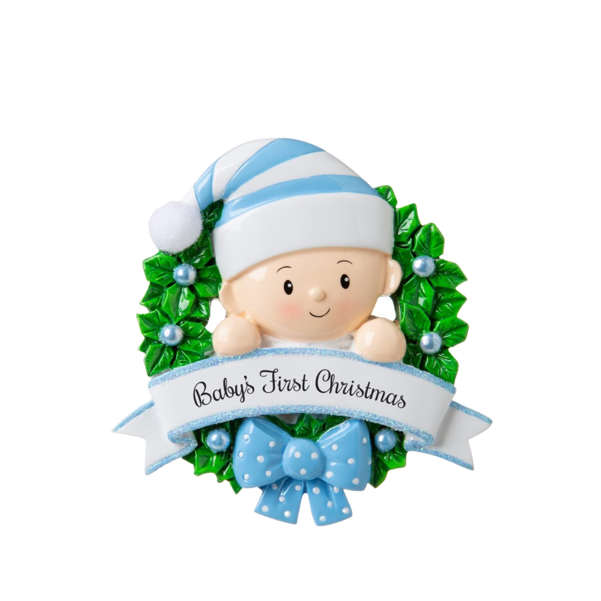 Personalized Baby's First Christmas Ornament 2021 - Custom Engraved Baby in Wreath Keepsake for Newborn Boy - Handwritten Name Holiday Decoration - Perfect for Baby Shower Gifts & Christmas Tree Decorating