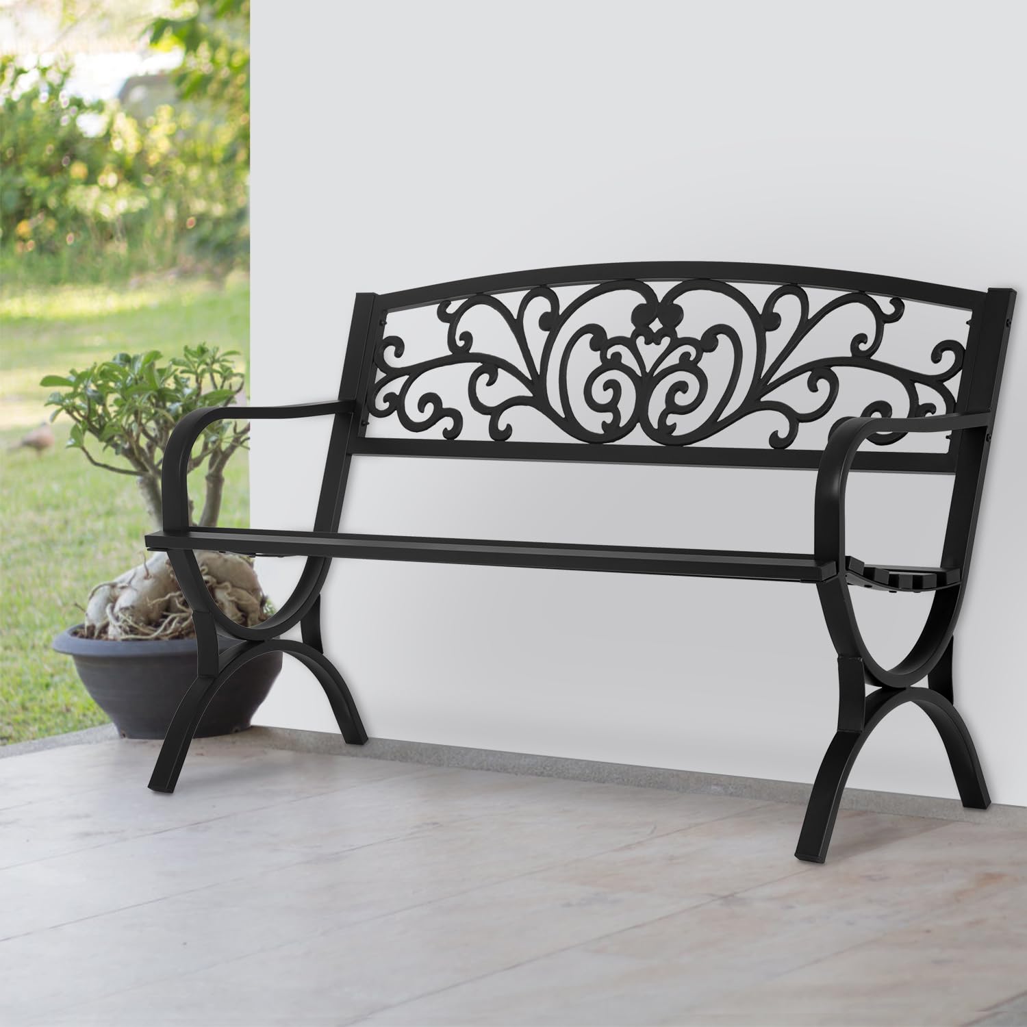 Black Outdoor Metal Loveseat Chairs 50-inch - Patio Garden Bench with Slatted Seat & Floral Design Armrests - Perfect for Park, Yard, Porch, Lawn, Balcony, Backyard - Ideal for Relaxing, Sunbathing, and Outdoor Gatherings
