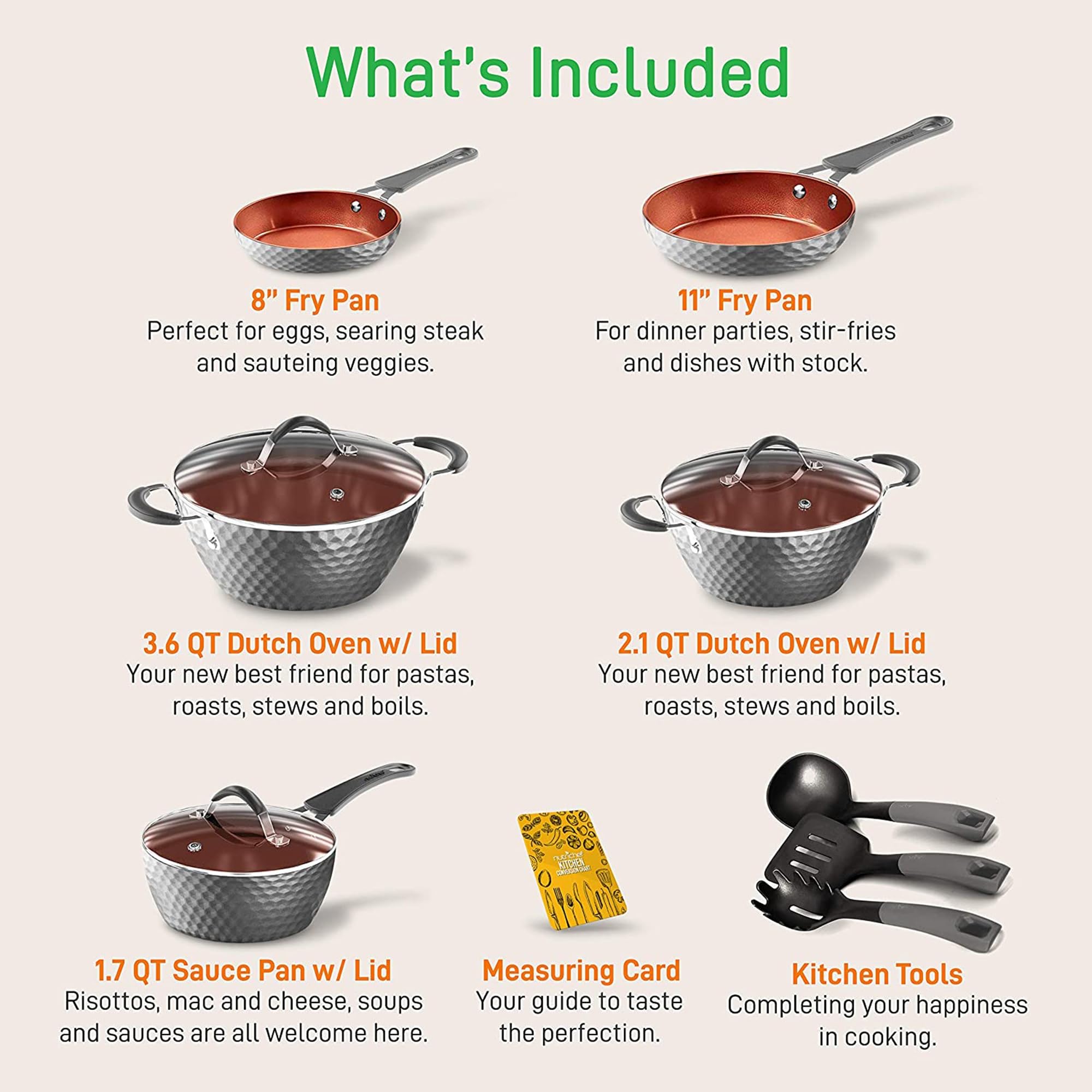 NutriChef NCCW11GD 11-Piece Nonstick Ceramic Cookware Set with Lids & Utensils - Diamond Pattern Pots & Pans, Gray (2 Pack) - Perfect for Frying, Boiling & Everyday Cooking