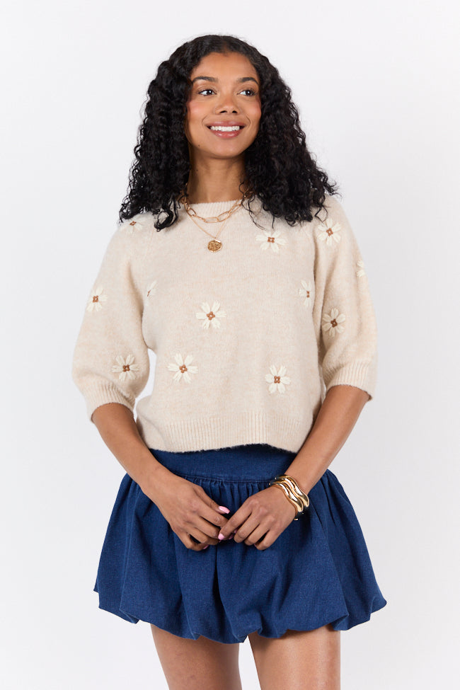So Into You Women's Oatmeal Short Sleeve Floral Embroidered Sweater - Cozy Knit Pullover for Casual Outings & Fall Fashion