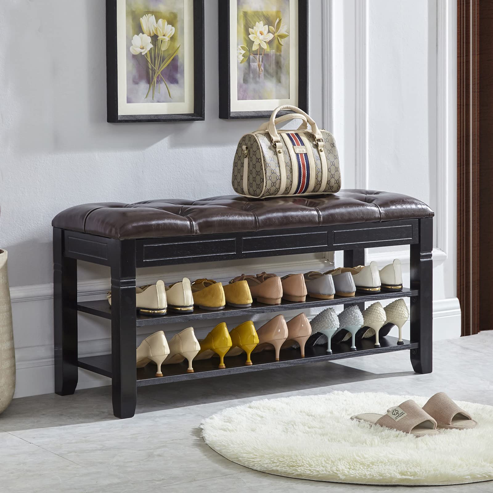 LEILISI 2-Tier Shoe Bench with Storage & Lift Top - 39.4