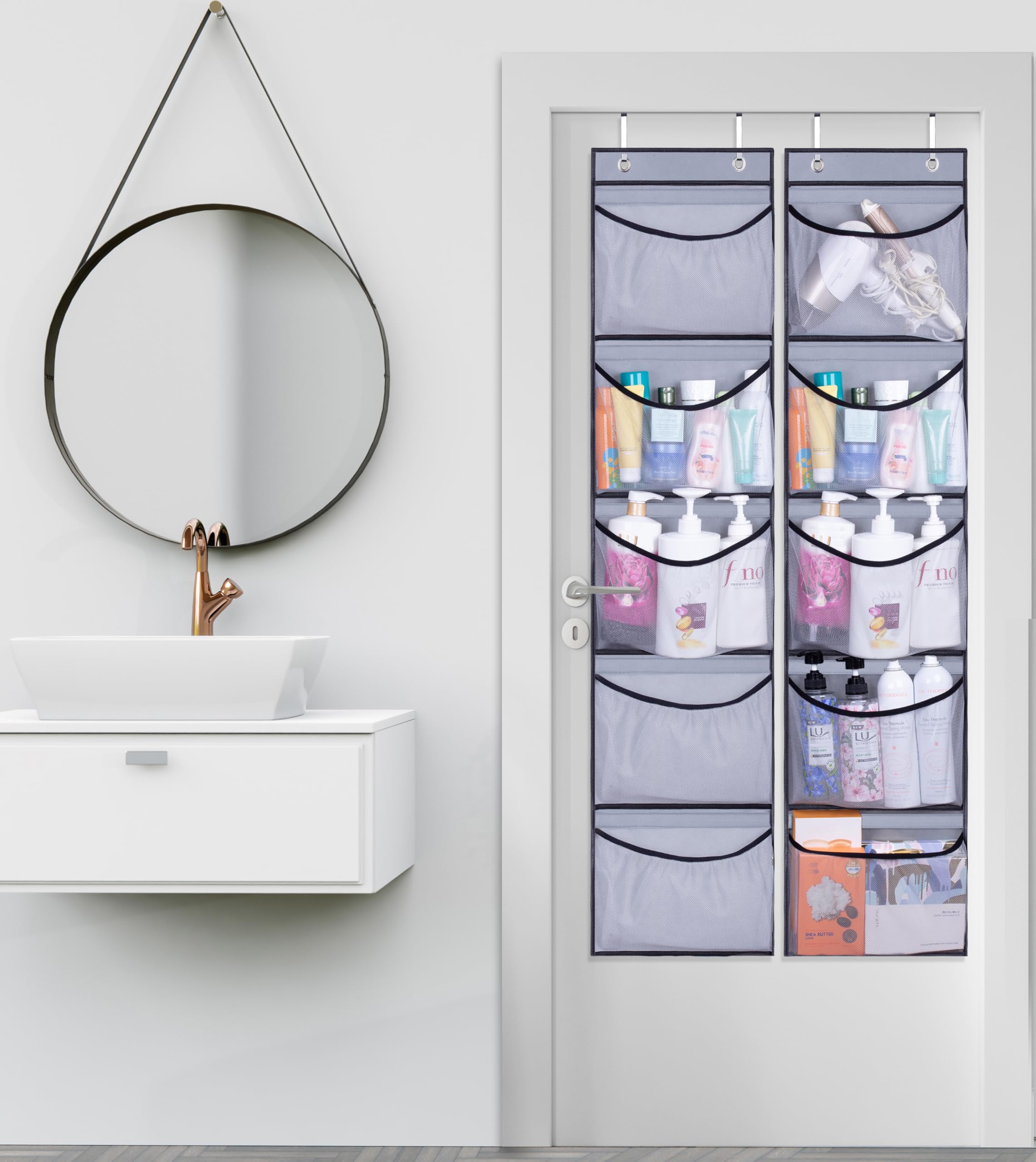 KEETDY Over The Door Hanging Shelves - 5-Pocket Storage Organizer for Closet, Bedroom & Bathroom - Space Saving Solution for Towels, Toys & Accessories - 2 Pack (Grey)