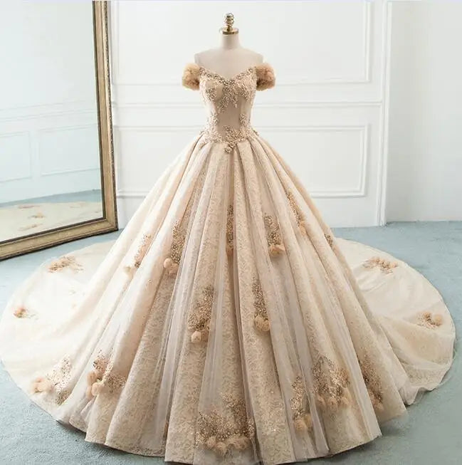 Luxury Handmade Tulle Ball Gown A-Line Wedding Dress with Floral Appliques - Perfect for Bridal, Prom, and Formal Occasions