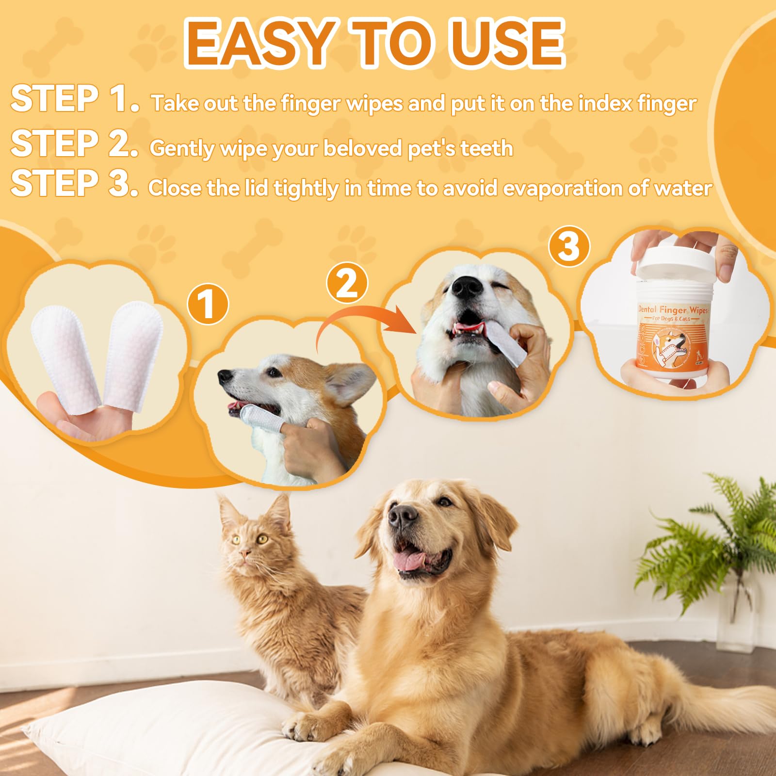 Dog Dental Wipes for Teeth Cleaning - 60 Count Pet Teeth Wipes for Dogs & Cats | Freshens Breath, Reduces Tartar & Plaque | Gentle Finger Wipes for Daily Oral Care | Perfect for Travel, Grooming & Between Brushings