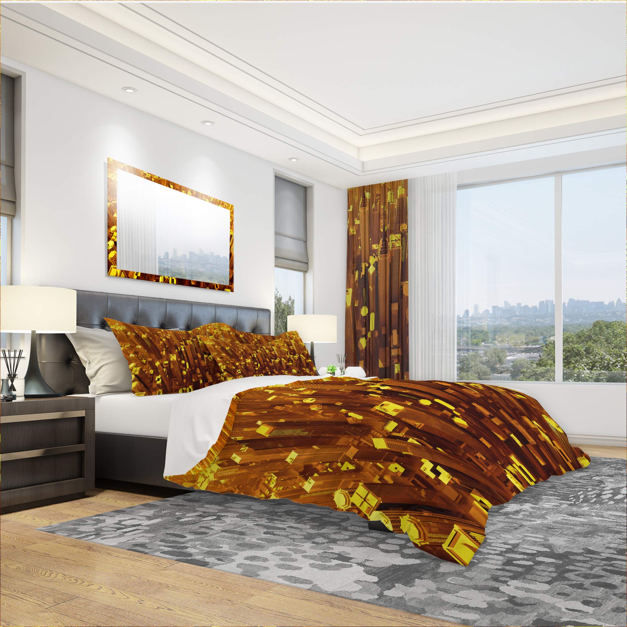 DesignQ 'Golden City from The Sky' Modern Contemporary Duvet Cover Set - King Size Bedding with Zipper Closure - Luxury Hotel Style Bedroom Decor for Master Bedroom & Guest Room