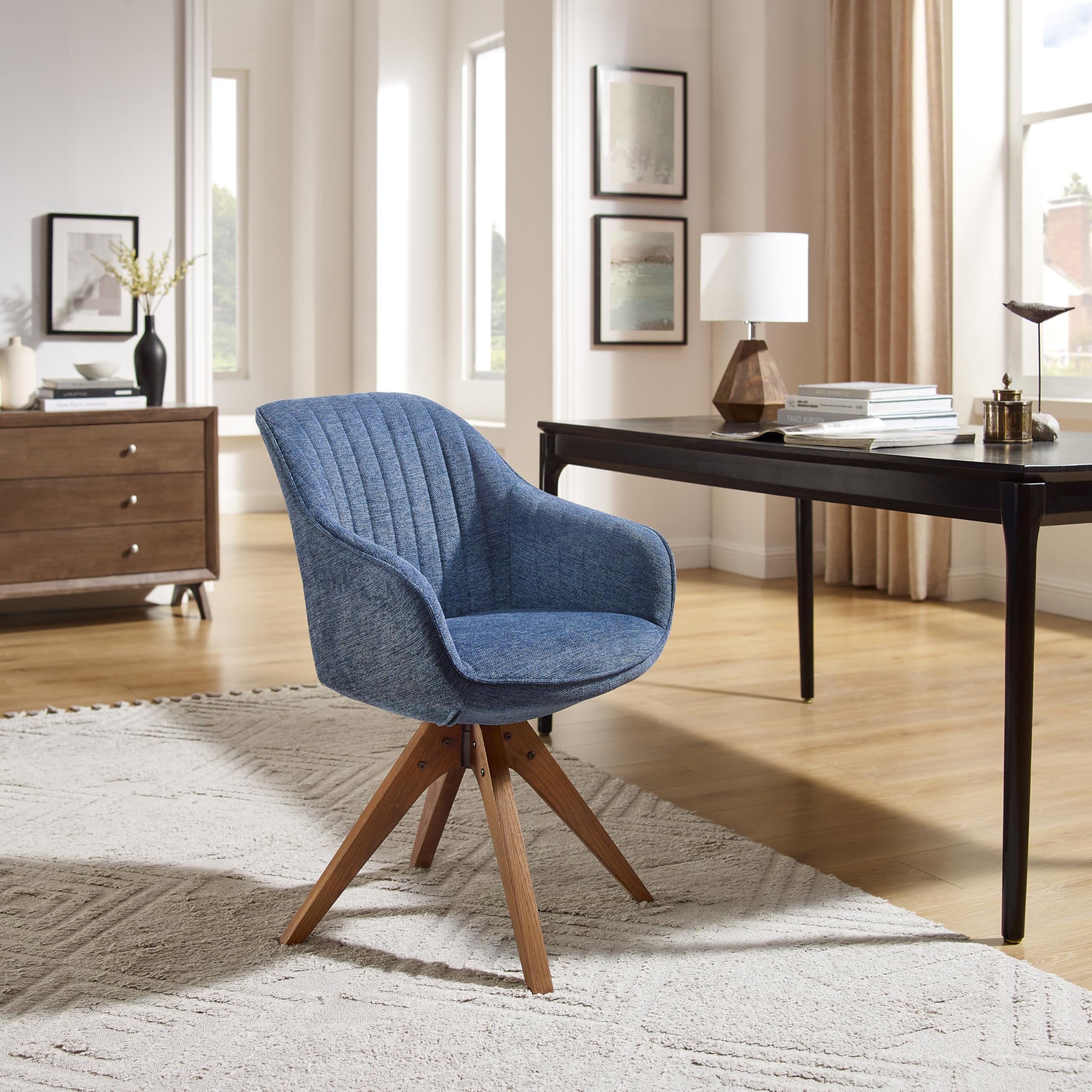 Art Leon Mid Century Modern Office Chair - No Wheels Swivel Accent Chair with Oak Wood Legs & Fabric Upholstery, Blue - Perfect for Home Office, Study Room & Reading Nook