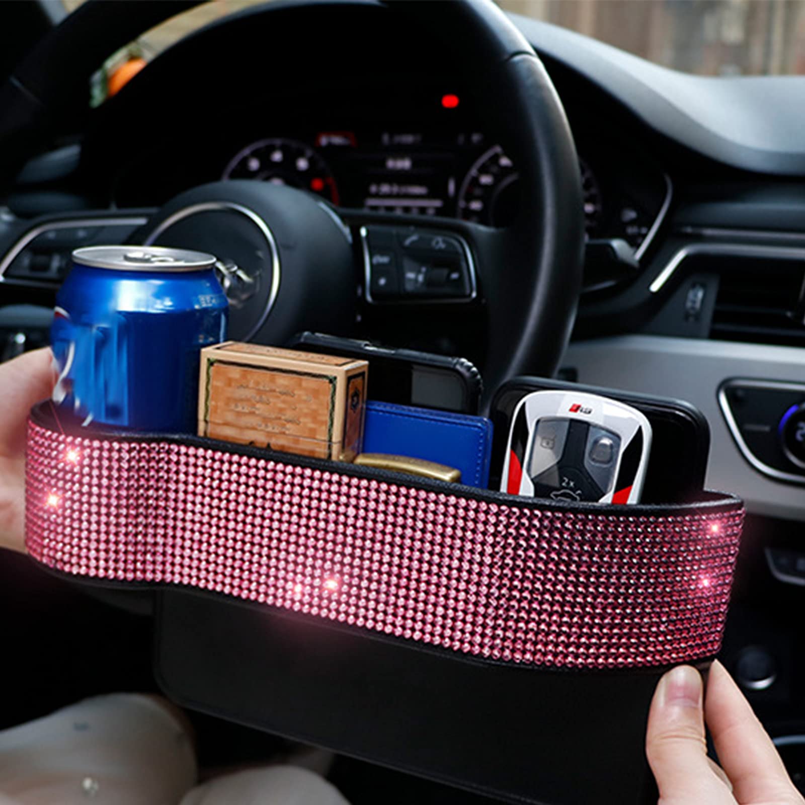 Diamond Crystal Car Seat Organizer - Console Side Pocket Storage Pouch for Cellphone, Wallet & Keys | Bling Bling Auto Gap Filler Caddy (Pink, Passenger Side) | Perfect for Road Trips & Daily Commutes