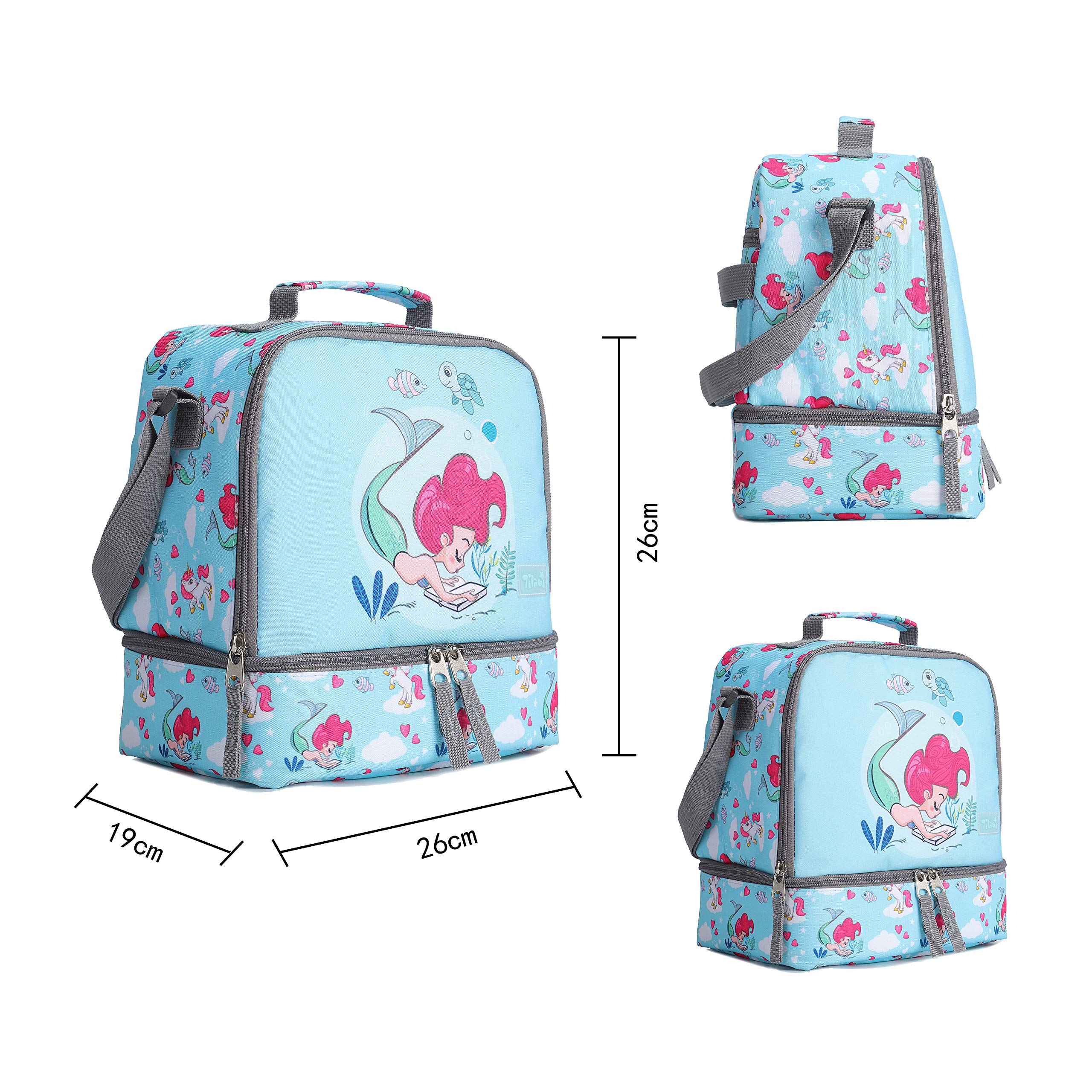 Tilami Insulated Lunch Bags for Kids - Adjustable Strap, 2 Compartments, Zipper Closure, Bento & Cooler Bag for Toddlers (Mermaid Design) - Perfect for School, Picnics & Outdoor Activities