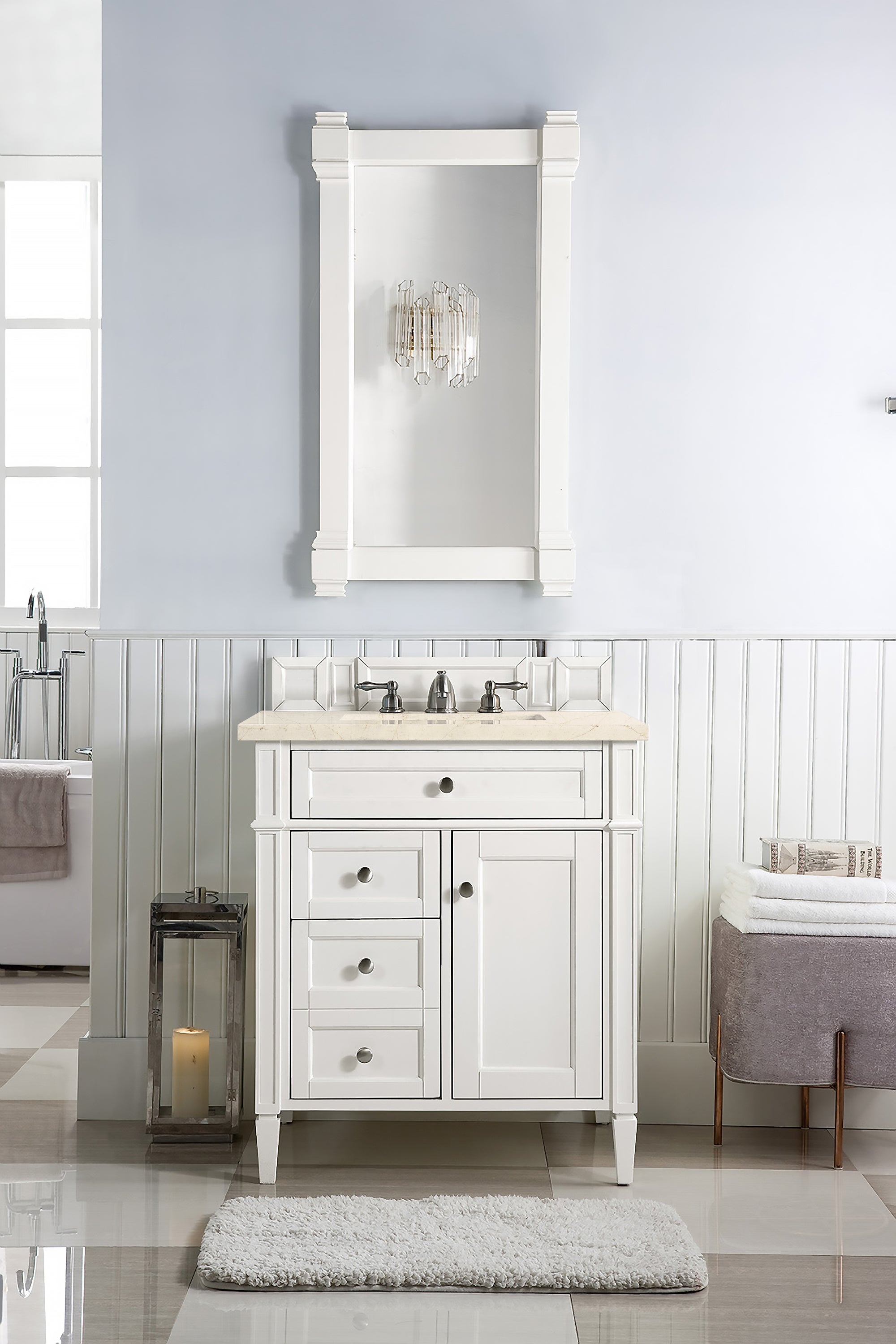 Brittany 30-Inch Single Bathroom Vanity Set with 3CM Eternal Marfil Quartz Countertop in Bright White - Perfect for Modern Master Bathrooms and Powder Rooms