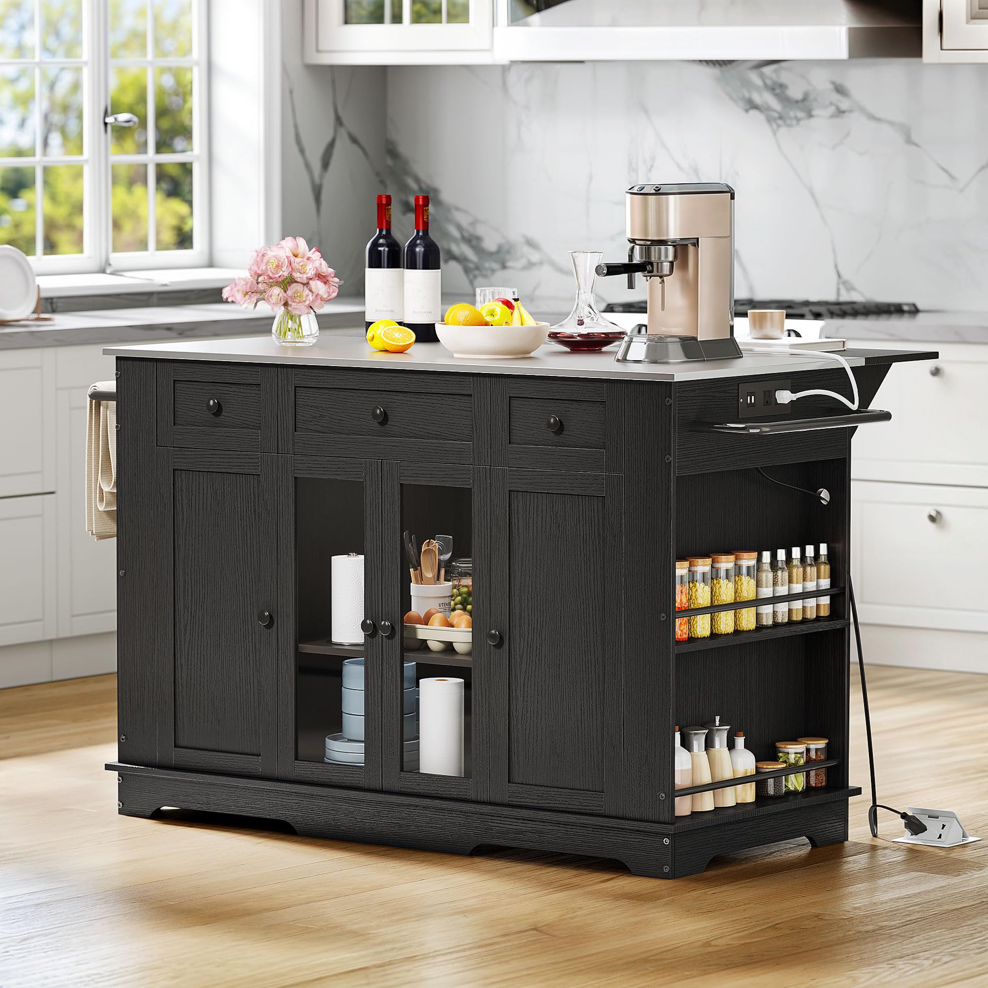 YITAHOME 60 Inch Kitchen Island with Stainless Steel Top & Power Outlet - Mobile Kitchen Cart with Drop Leaf, Storage Drawers & Wheels - Black Metal Countertop Island for Small Spaces & Apartment Cooking - Perfect for Meal Prep, Baking & Extra Counter Space