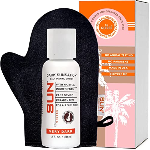 Sun Laboratories Self-Tanning Dark Sunsation Sunless Tanning Lotion with Mitt - Very Dark Bronze Glow - 2 fl oz Bottle & Applicator Mitt - Perfect for Face & Body Tanning at Home, Vacation Prep, or Year-Round Natural Looking Color