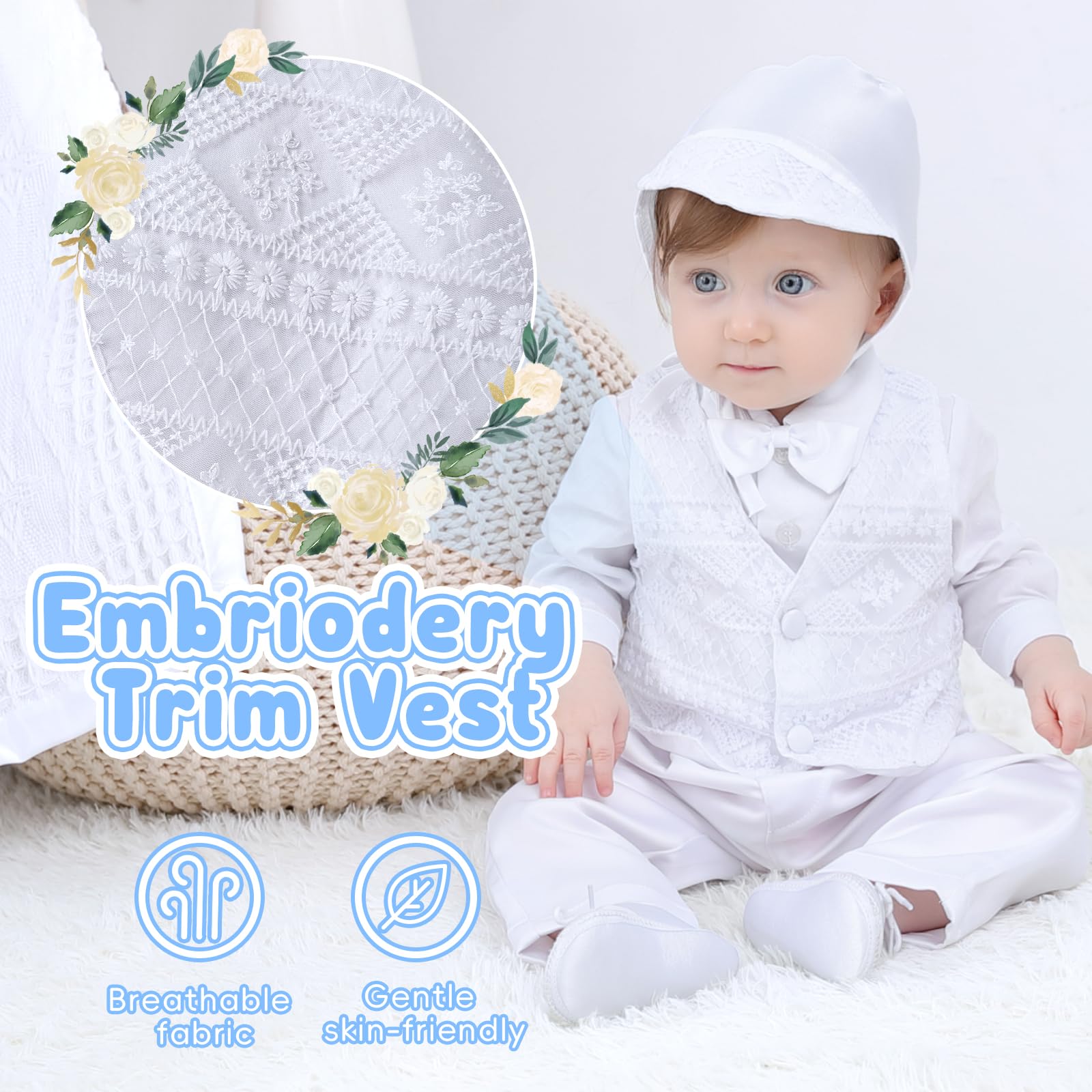 Booulfi Baby Boy Christening Outfit - White Baptism Suit with Dress Shirt & Pants - Perfect for Christening, Baptism, First Communion & Special Occasions