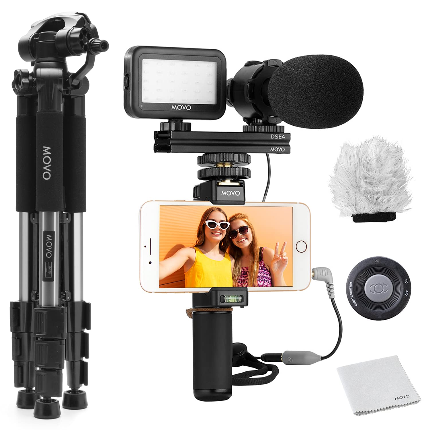 Professional Movo Smartphone Vlogging Kit with Shotgun Mic, LED Light & Tripod - Compatible with iPhone & Android - Perfect for YouTube, TikTok & Live Streaming