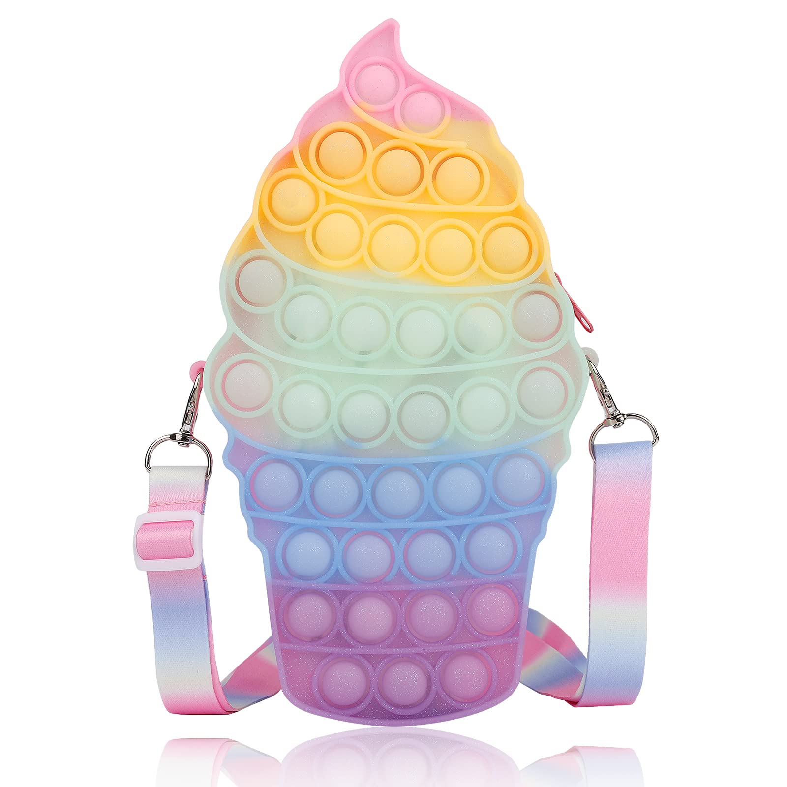 **Pop Fidget Purse Bag for Girls - Rainbow Ice Cream Crossbody Shoulder Bag with Glitter Sequins | Sensory Toy for Kids, Halloween & Christmas Party Favors | Perfect for Stress Relief, Travel & Playtime**