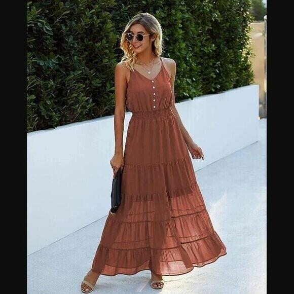 Women's Casual Summer Dress - Spaghetti Strap Sleeveless High Waist Flowy Midi Dress | Perfect for Beach Vacations, Date Nights & Summer Outings