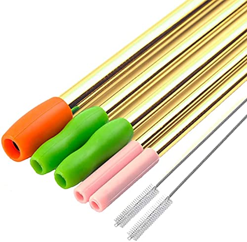 Eco-Friendly Reusable Stainless Steel Metal Straws Set with Silicone Tips - 5 Pack (2 Wide Bubble Tea Straws, Cleaning Brushes & Portable Carry Bag) - Gold | Perfect for Home, Office, Travel & Sustainable Lifestyle