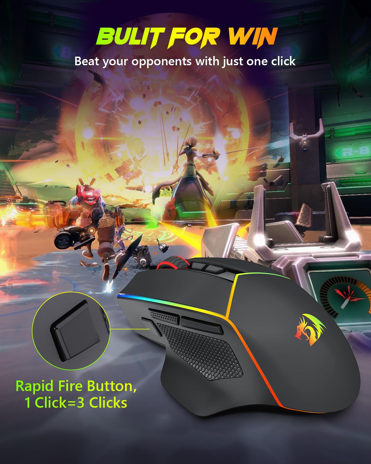 Redragon Tri-Mode Wireless Gaming Mouse - 2.4G/USB-C/Bluetooth, 8000 DPI Ergonomic RGB Mouse with 250H Battery Life, Rechargeable & Programmable for PC, Mac, Laptop - Perfect for FPS, MOBA Gaming & Office Work (Model M814)