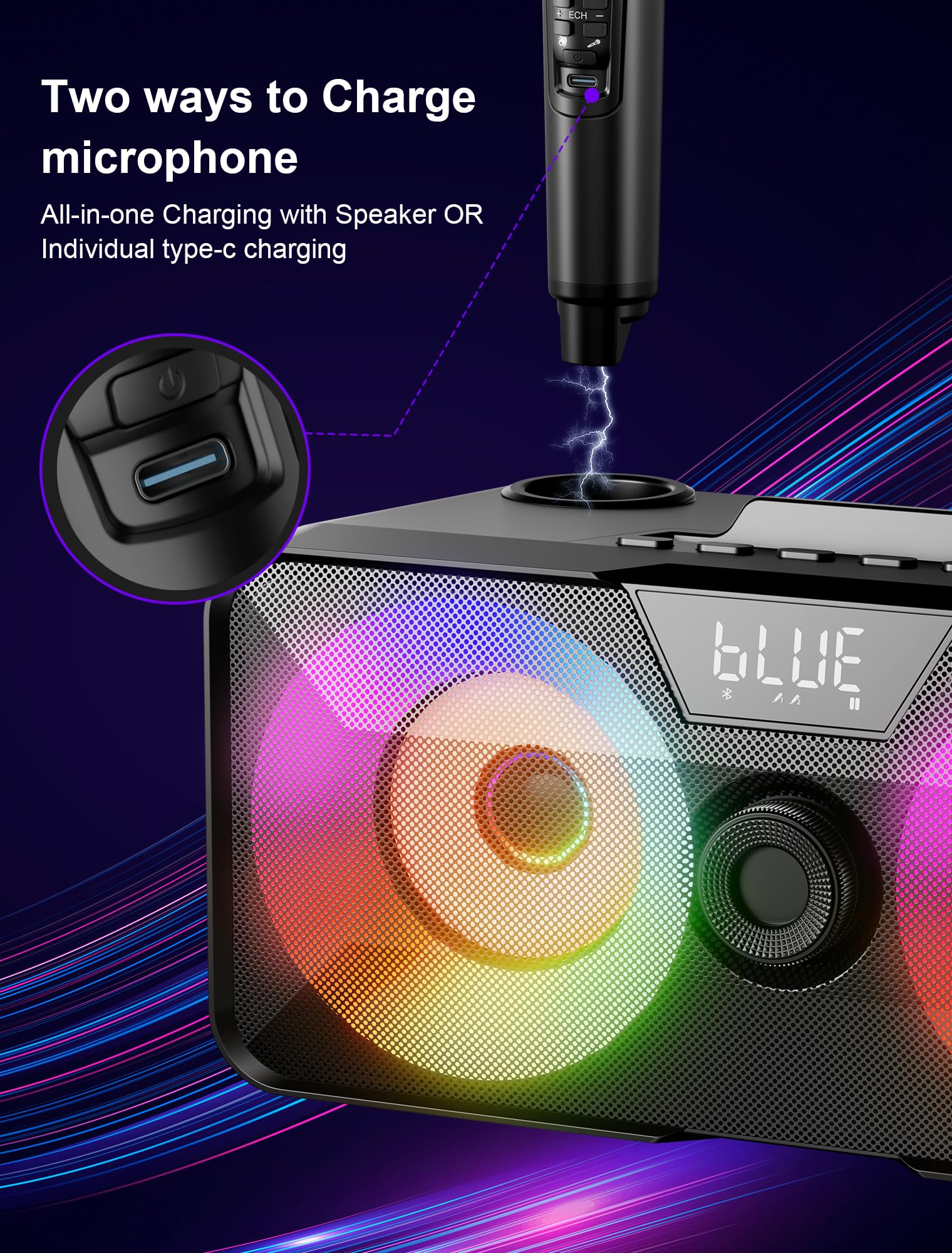 Portable Bluetooth Karaoke Machine with 2 UHF Wireless Microphones & LED Lights - Home Party Speaker System for Adults & Kids | Indoor/Outdoor Use, Weddings, Church Events, Birthday Gifts & Family Gatherings