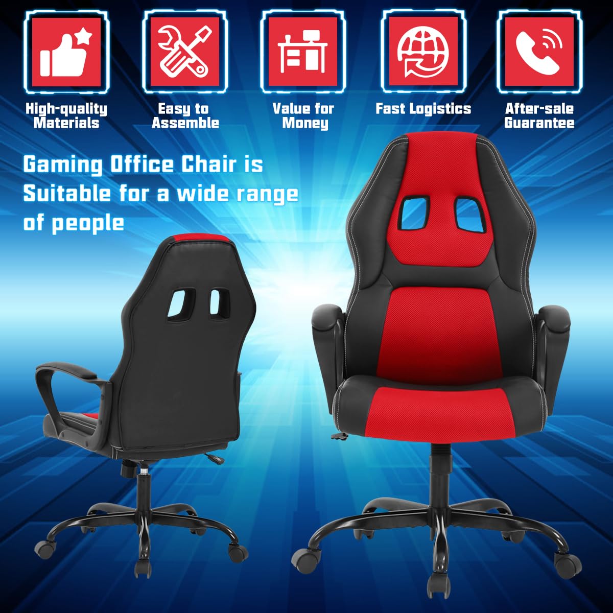 Ergonomic Gaming Chair for Adults & Teens - High Back PU Leather PC Computer Office Chair with Lumbar Support, Adjustable Height & 360° Swivel - Perfect for Gaming, Work & Study (Red)
