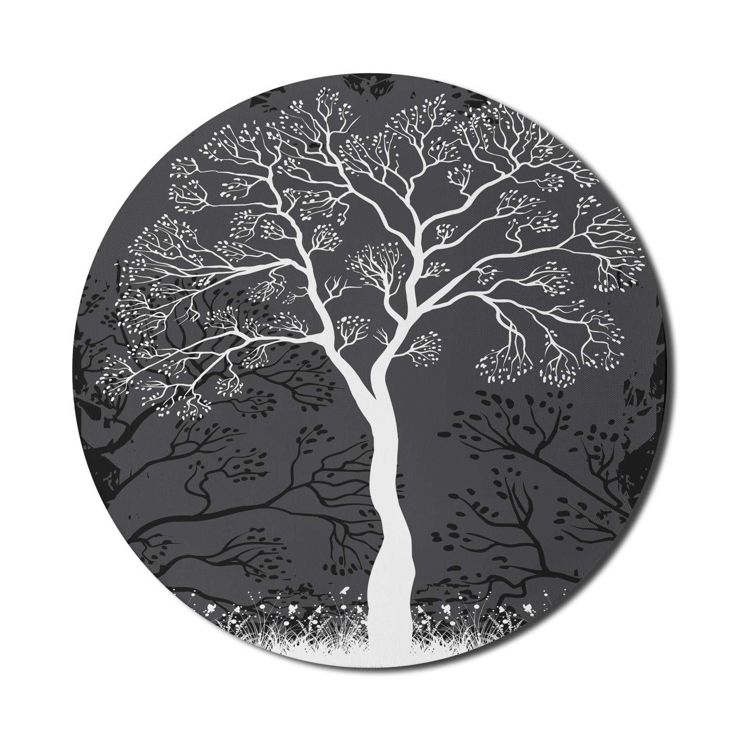 Ambesonne Grey Round Mouse Pad - Non-Slip Thick Rubber Gaming Mousepad with Tree Illustration for Computers (8