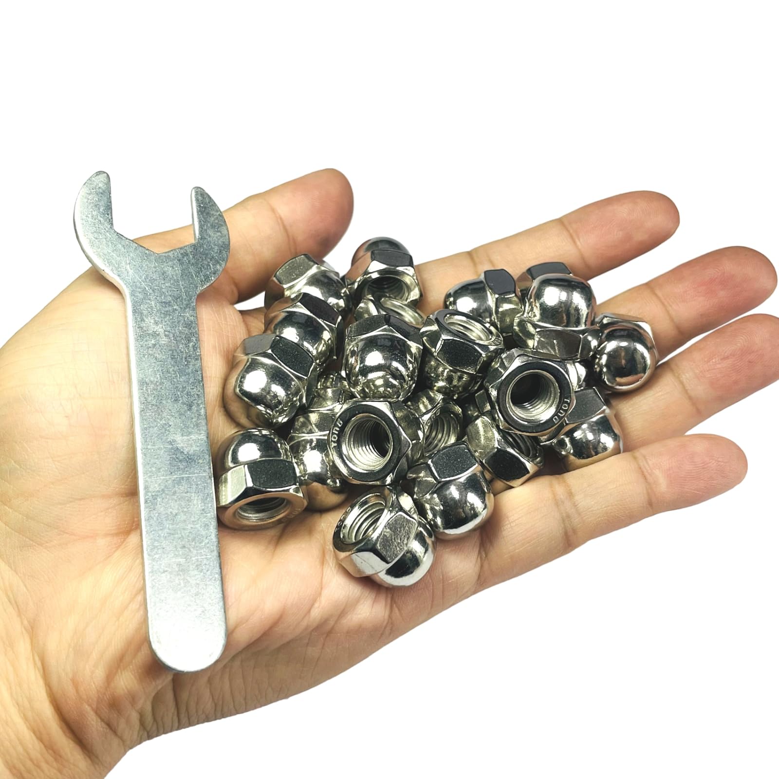 25pcs 3/8-16 Acorn Cap Nuts, 304 Stainless Steel Dome Head Hex Nuts with Bright Finish - Heavy Duty Hardware for Automotive, Machinery & DIY Projects - Includes Open End Wrench for Easy Installation