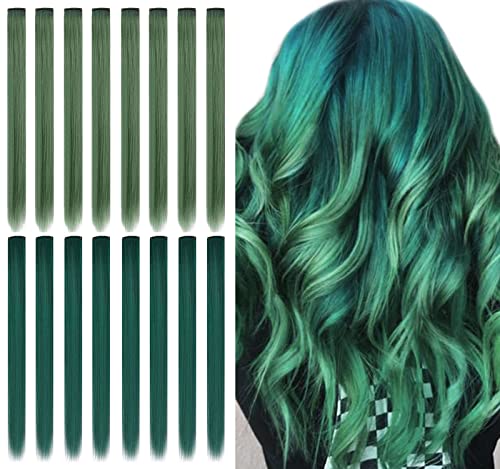 16 PCS Multi-Color Clip-In Hair Extensions 21 Inch Synthetic Hairpieces for Women & Girls - Dark Green & Grass Green Highlights for Halloween, Cosplay, Party, Dress Up & Daily Styling
