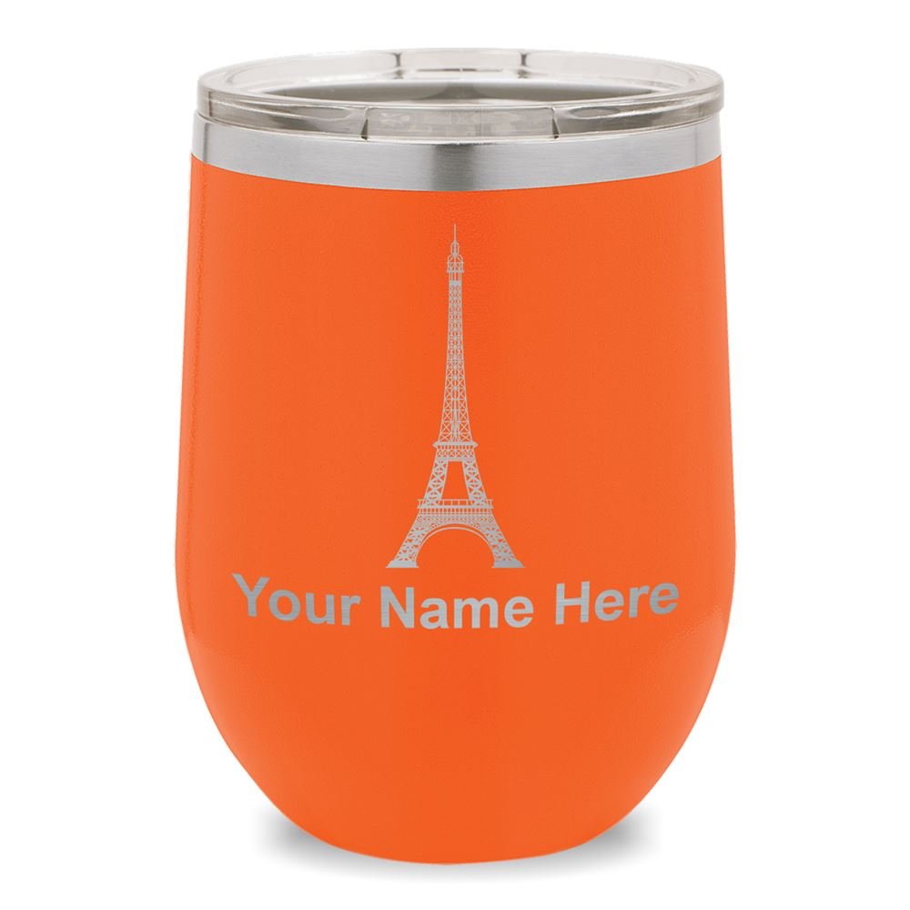 Personalized Engraved Wine Glass Tumbler with Eiffel Tower Design - Orange - Perfect for Parisian-Themed Parties, Romantic Dinners & Unique Gifts