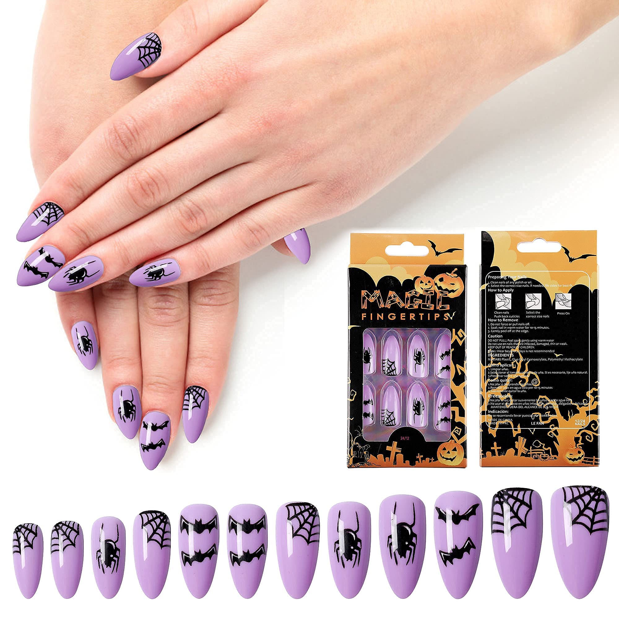 Aethland Halloween Coffin Fake Nails - 24pcs Medium Length Full Cover Artificial Nails | Spooky Spider Design for Nail Art, DIY, Salon | Includes 2g Glue | Perfect for Women's Halloween Party, Cosplay & Gothic Nail Styles
