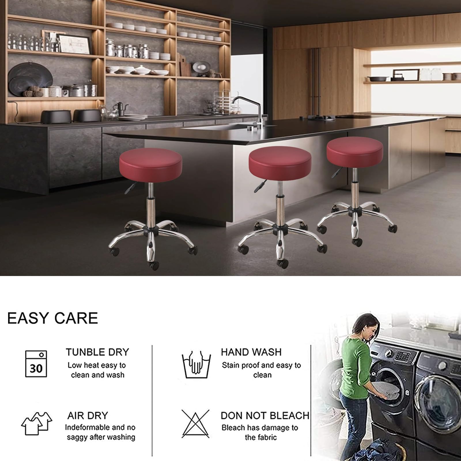 HAOYONG Waterproof PU Leather Bar Stool Covers Set of 2 - Stretch Round Seat Cushion Slipcovers with Non-Slip Bottom for Kitchen, Dining Room & Bar Counter (Red) - Perfect for Home Decor & Restaurant Use
