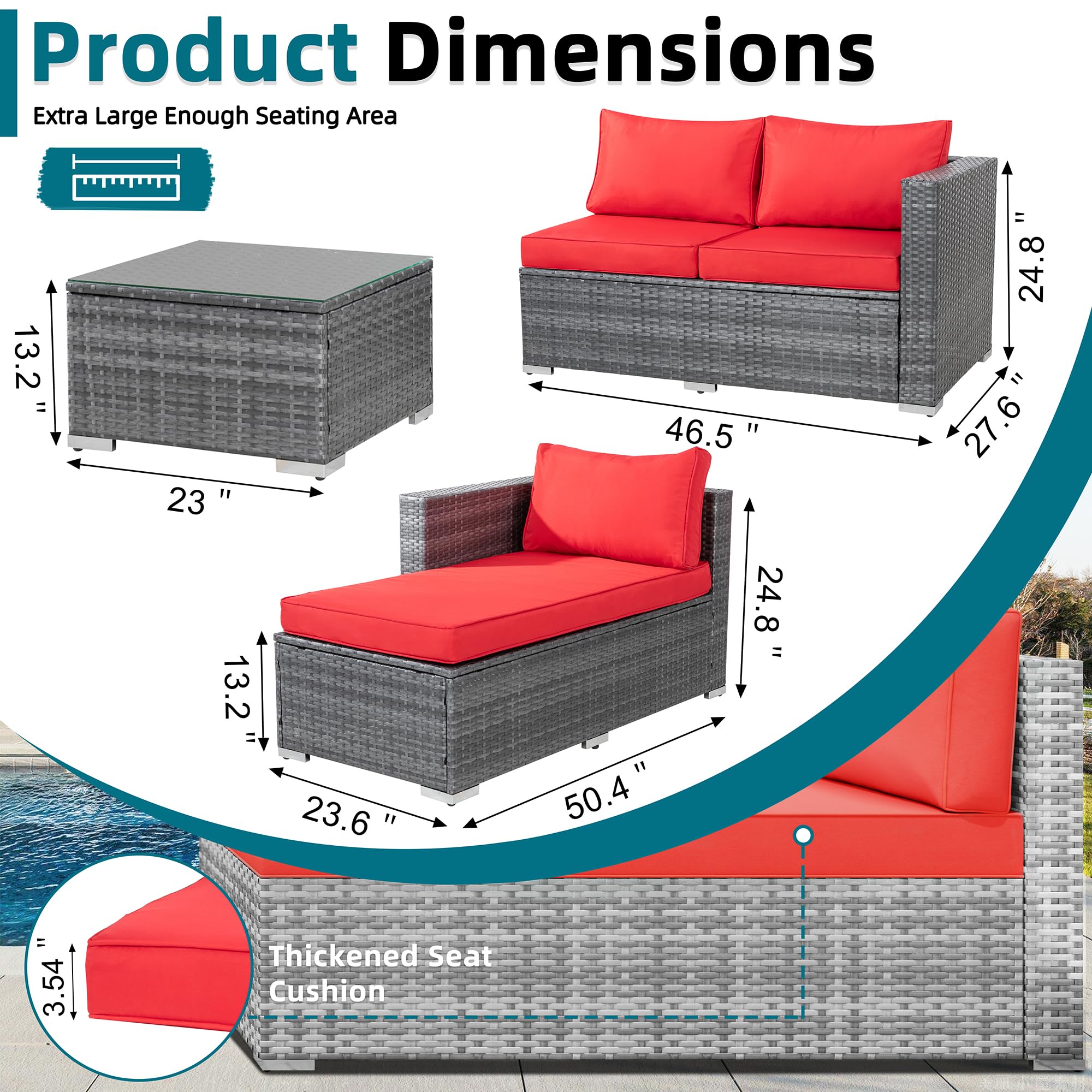 **SUNLEI 3-Piece Outdoor Patio Furniture Set with Cushions, Adjustable PE Rattan Sectional Sofa & Coffee Table - Silver Rattan/Red - Perfect for Garden, Balcony, or Backyard Relaxation**