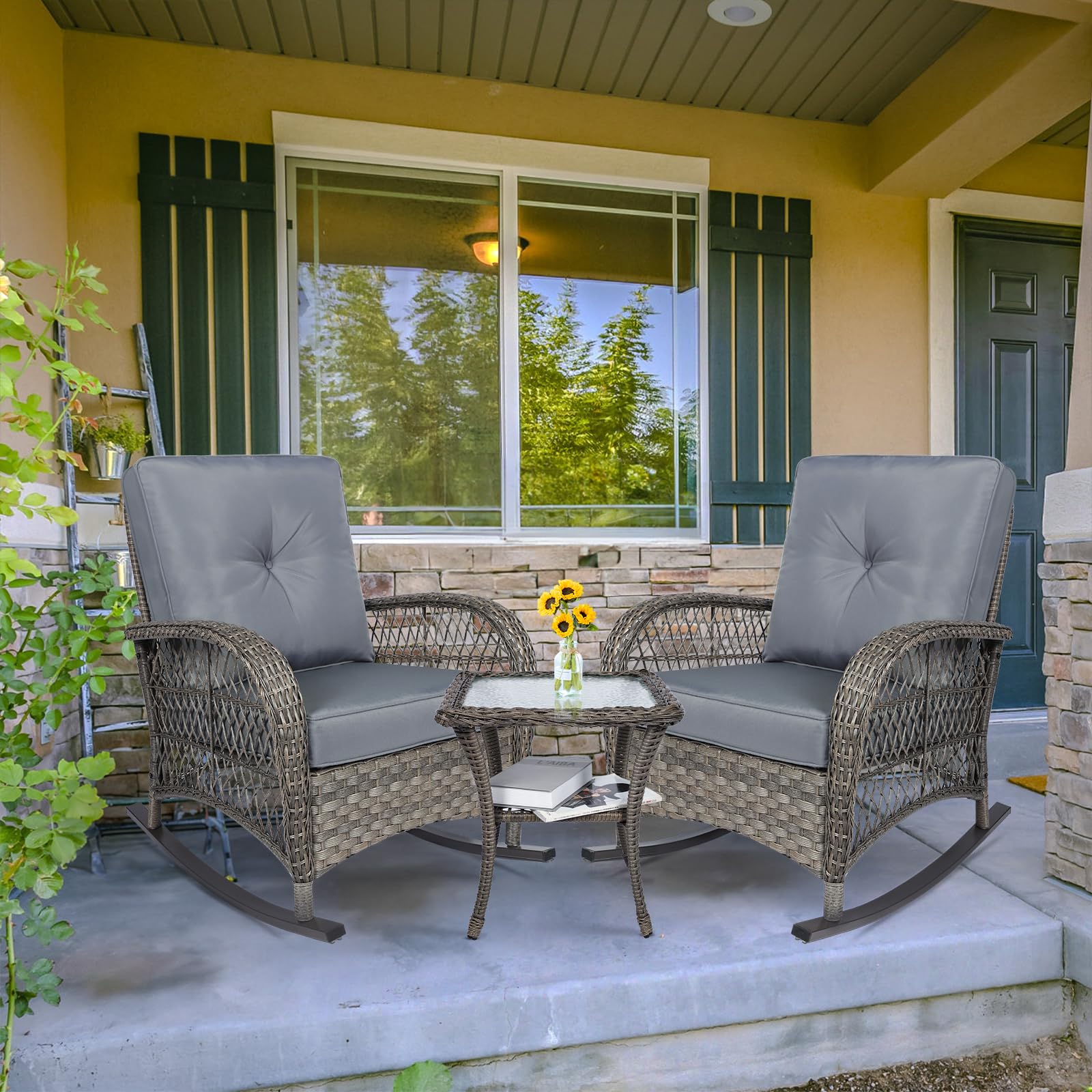 MEETWARM 3-Piece Outdoor Wicker Rocking Chair Set with Cushions & Glass-Top Coffee Table - Gray Rattan Patio Conversation Set for Porch, Backyard, Garden & Poolside Relaxation