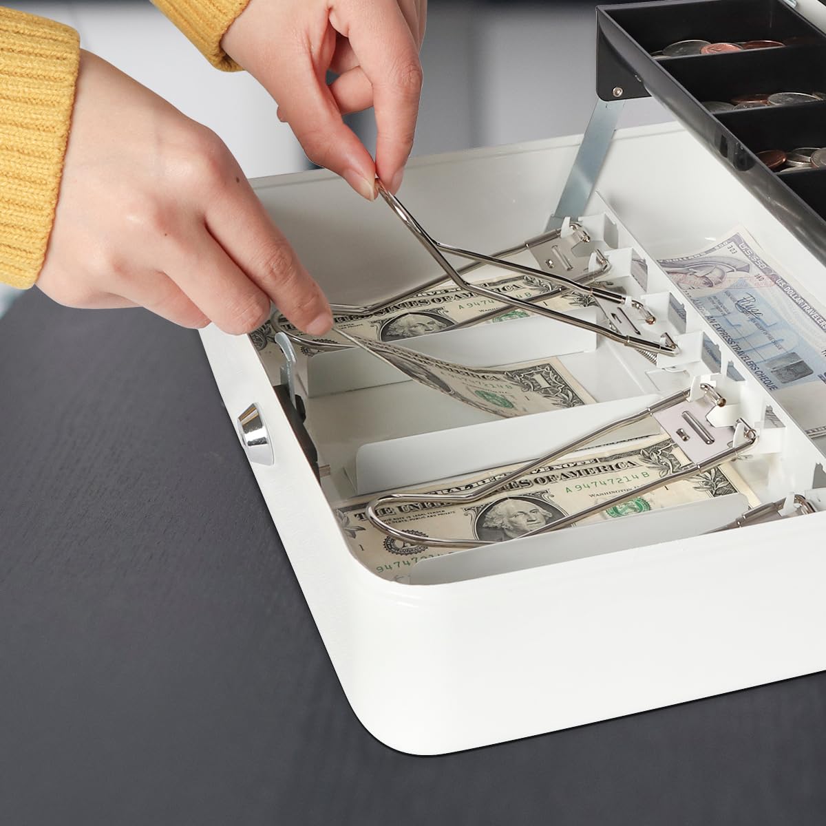 Jssmst Large Metal Cash Box with Key Lock & Money Tray - Secure Money Storage Box for Home, Office, Retail (White, SM-CB0504L) - Ideal for Cash Management, Small Business, and Personal Savings