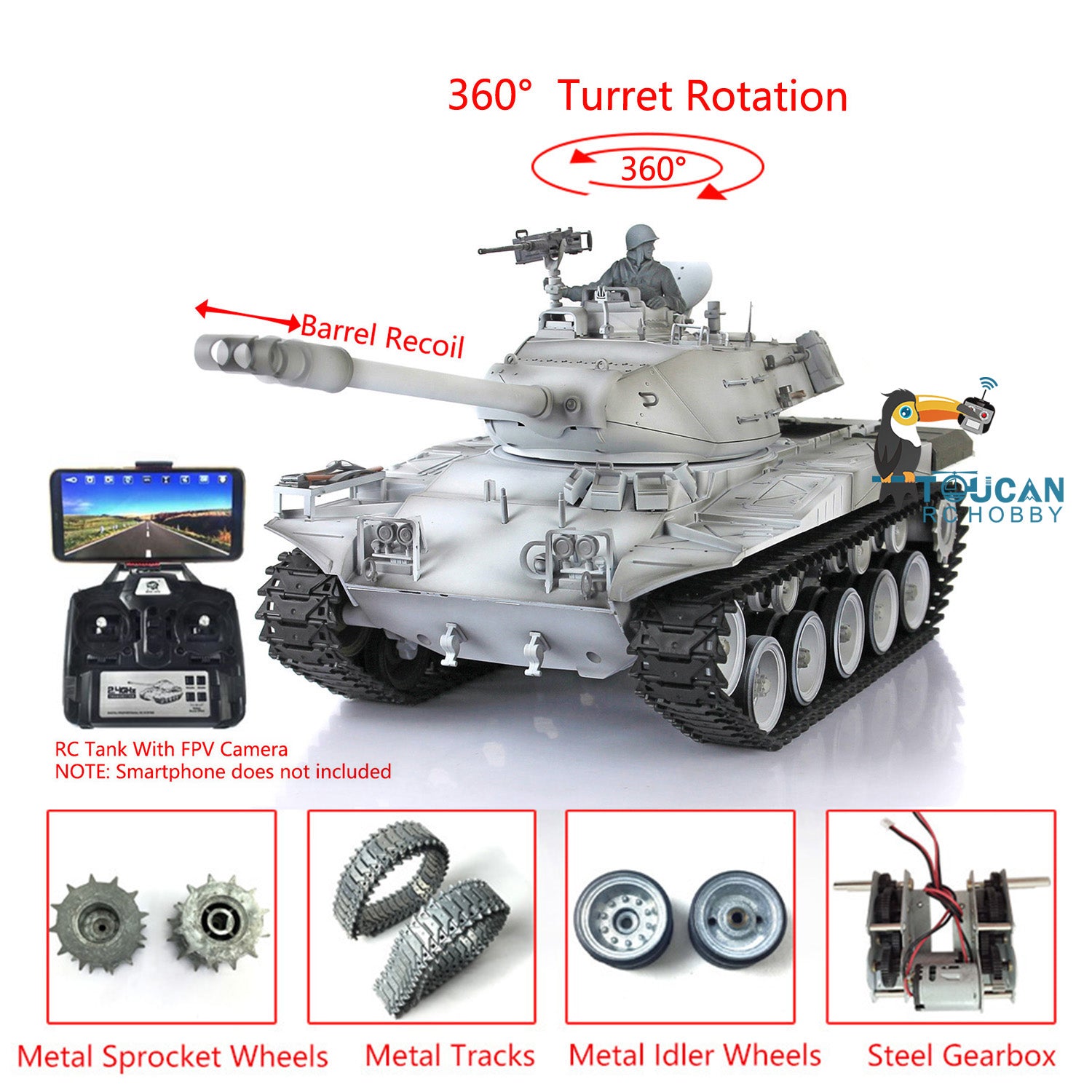Henglong 1/16 Scale 7.0 Upgraded RC Tank - Walker Bulldog 3839 with 360° Rotating Turret, Barrel Recoil, Metal Tracks & FPV Gearbox | Realistic Military Simulation & Battle Scenes for Adults & Collectors