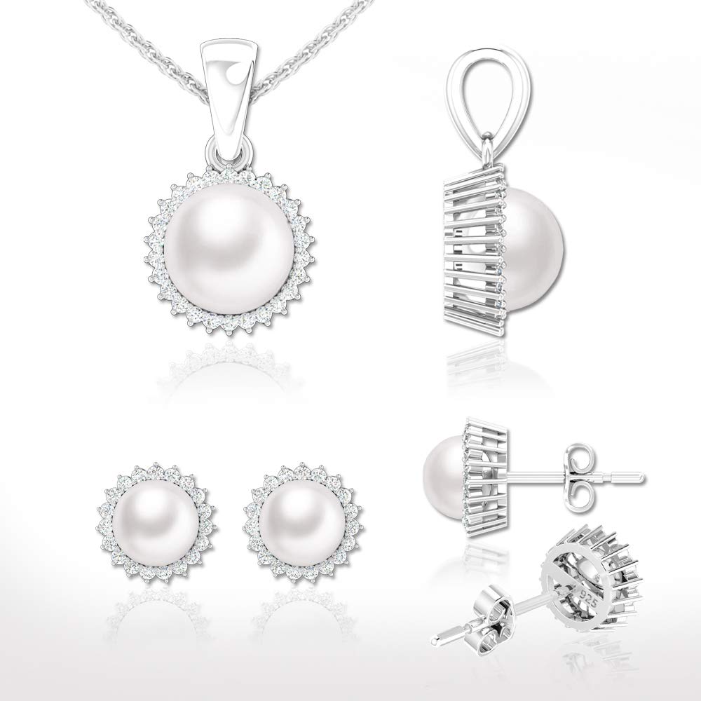 6.1 Carat Sterling Silver Freshwater Pearl & Cubic Zirconia Stud Earrings and Pendant Necklace Set for Women - Elegant Jewelry Gift for Weddings, Parties & Special Occasions